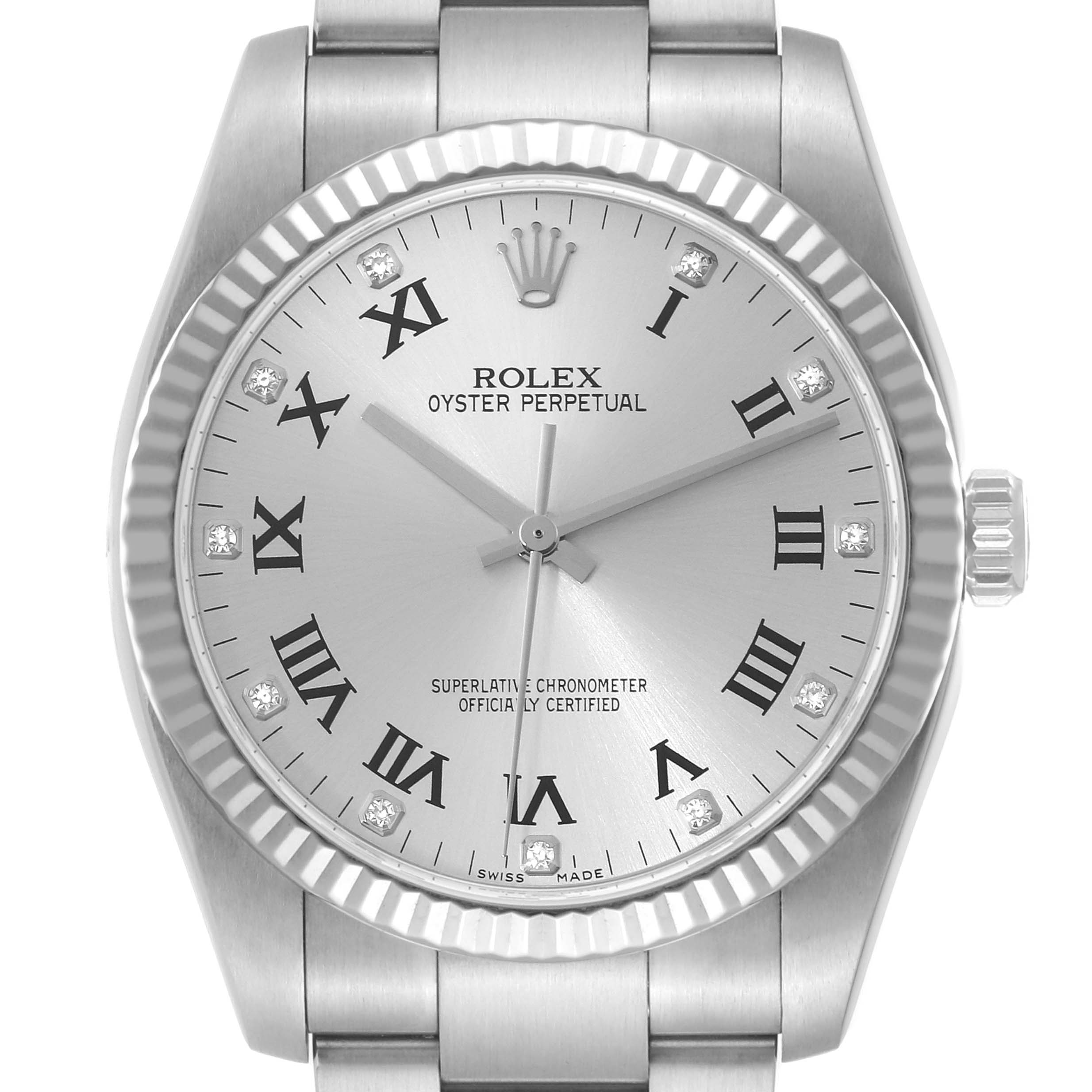 The image shows a front view of a Rolex Oyster Perpetual 116034 Men's Stainless Steel Silver Dial 116034 Men's Stainless Steel Silver Dial watch, highlighting the dial, bezel, and part of the bracelet.