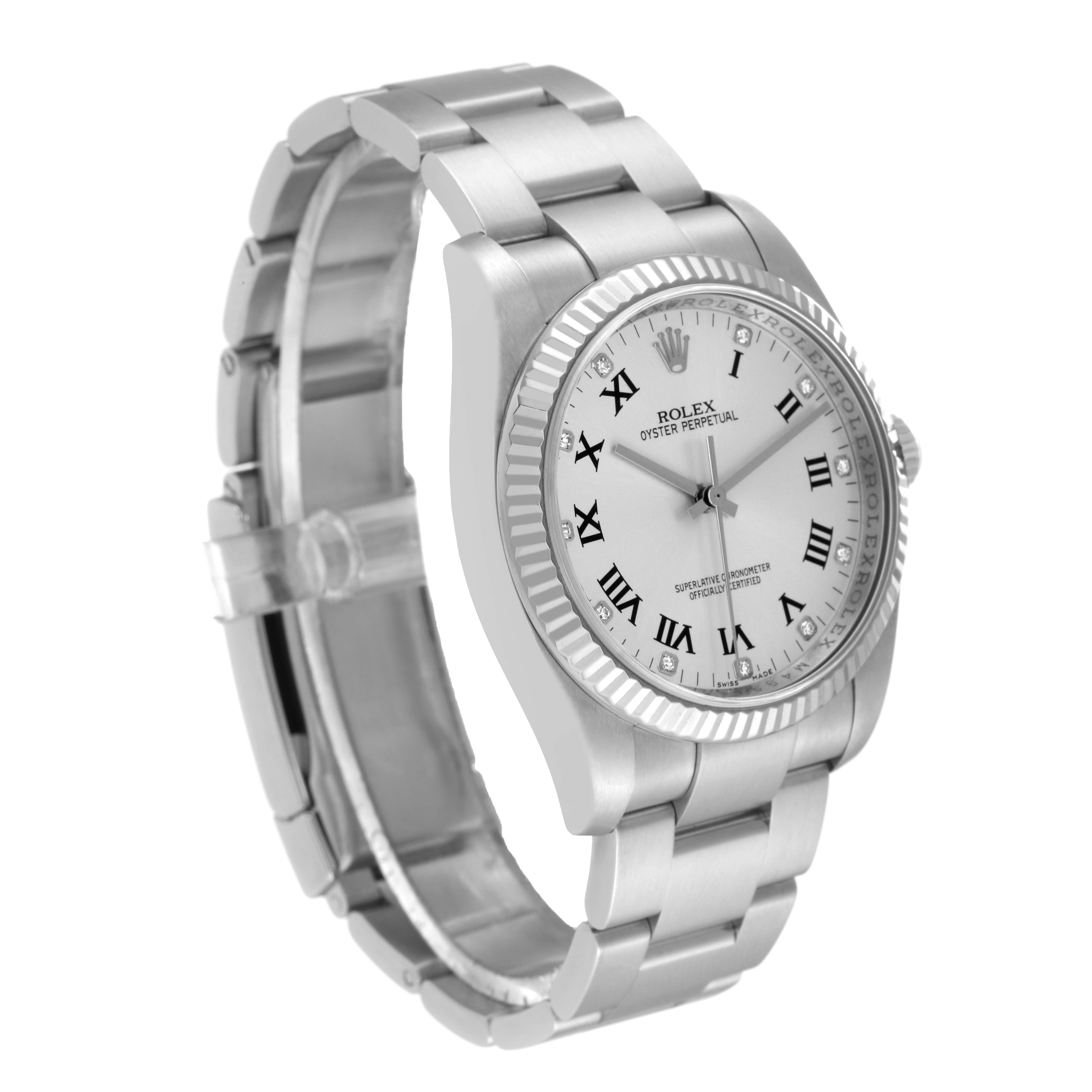 The image shows a side and top view of the Rolex Oyster Perpetual 116034 Men's Stainless Steel Silver Dial 116034 Men's Stainless Steel Silver Dial watch, highlighting its bracelet, bezel, and face.