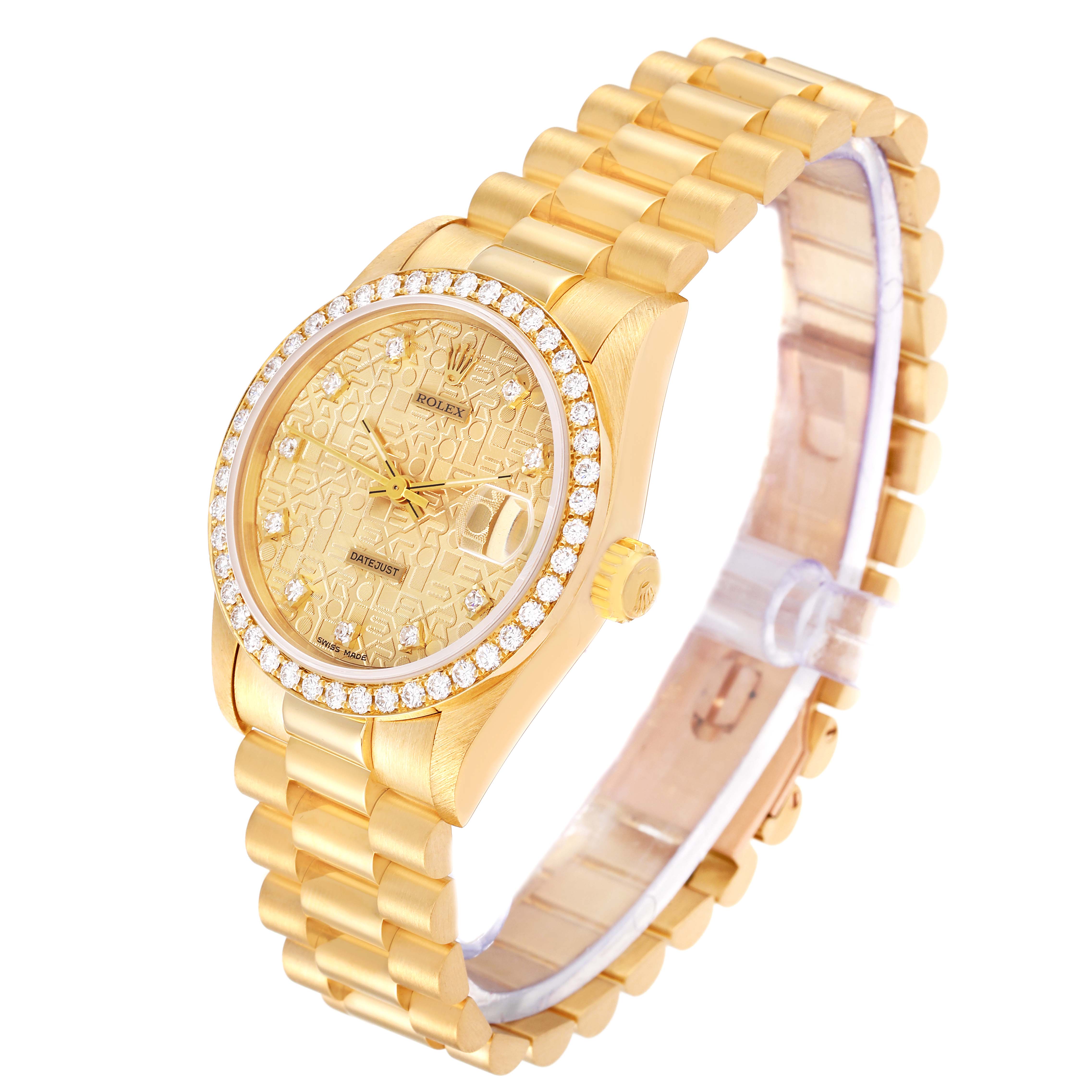 The image shows a Rolex President 68288 Women
s Yellow Gold Champagne Dial 68288 Women
s Yellow Gold Champagne Dial model watch at a slight angle, displaying the full face, bezel, and bracelet.