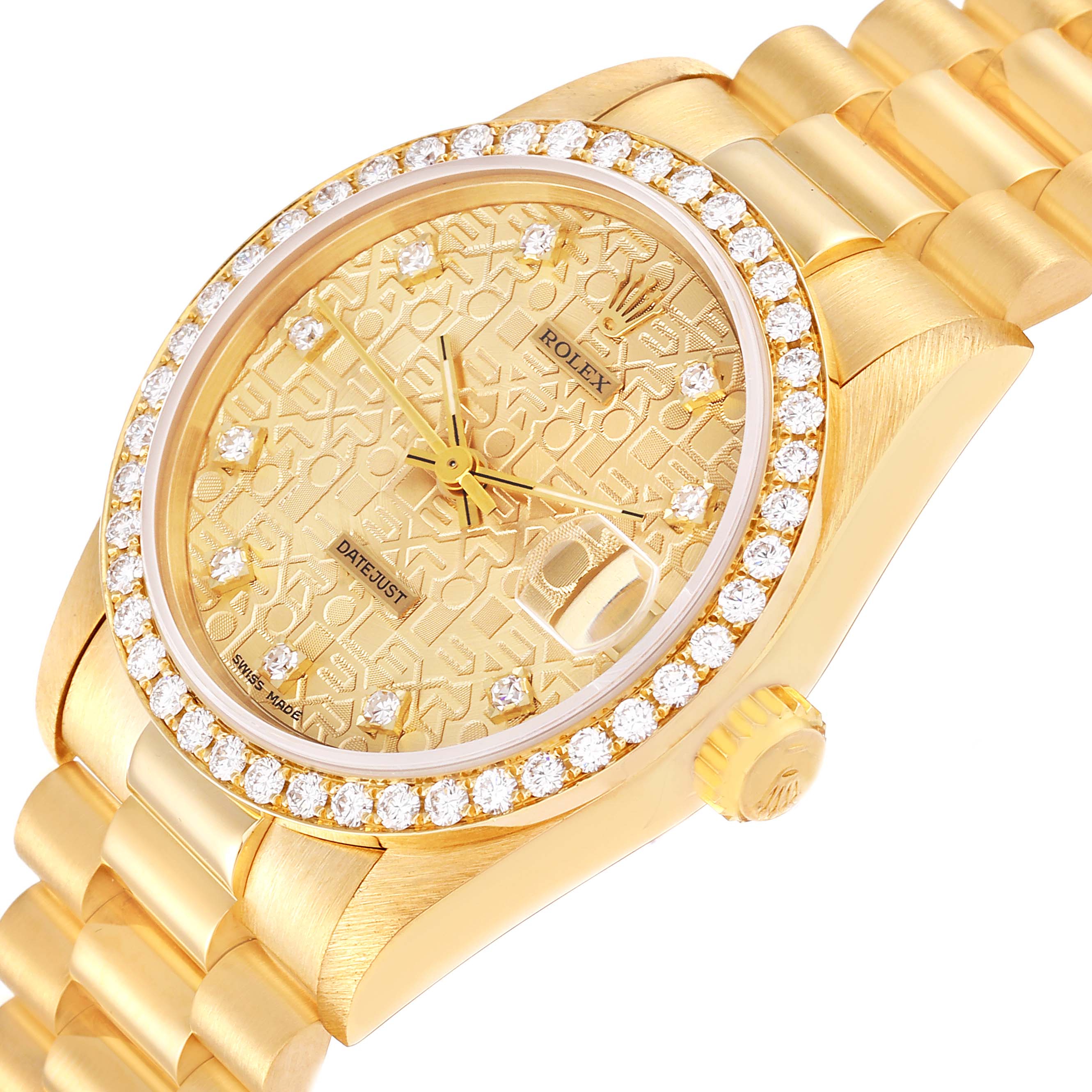 The image shows a close-up of the Rolex President 68288 Women
s Yellow Gold Champagne Dial 68288 Women
s Yellow Gold Champagne Dial watch, displaying the face, bezel, crown, and part of the bracelet.