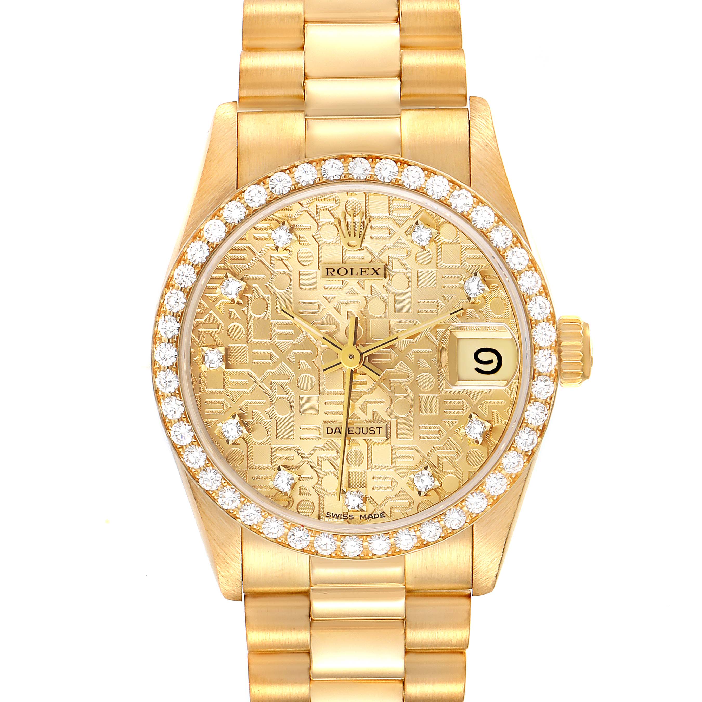 The image shows a front view of a gold Rolex President 68288 Women
s Yellow Gold Champagne Dial 68288 Women
s Yellow Gold Champagne Dial model watch with a diamond bezel and date display.