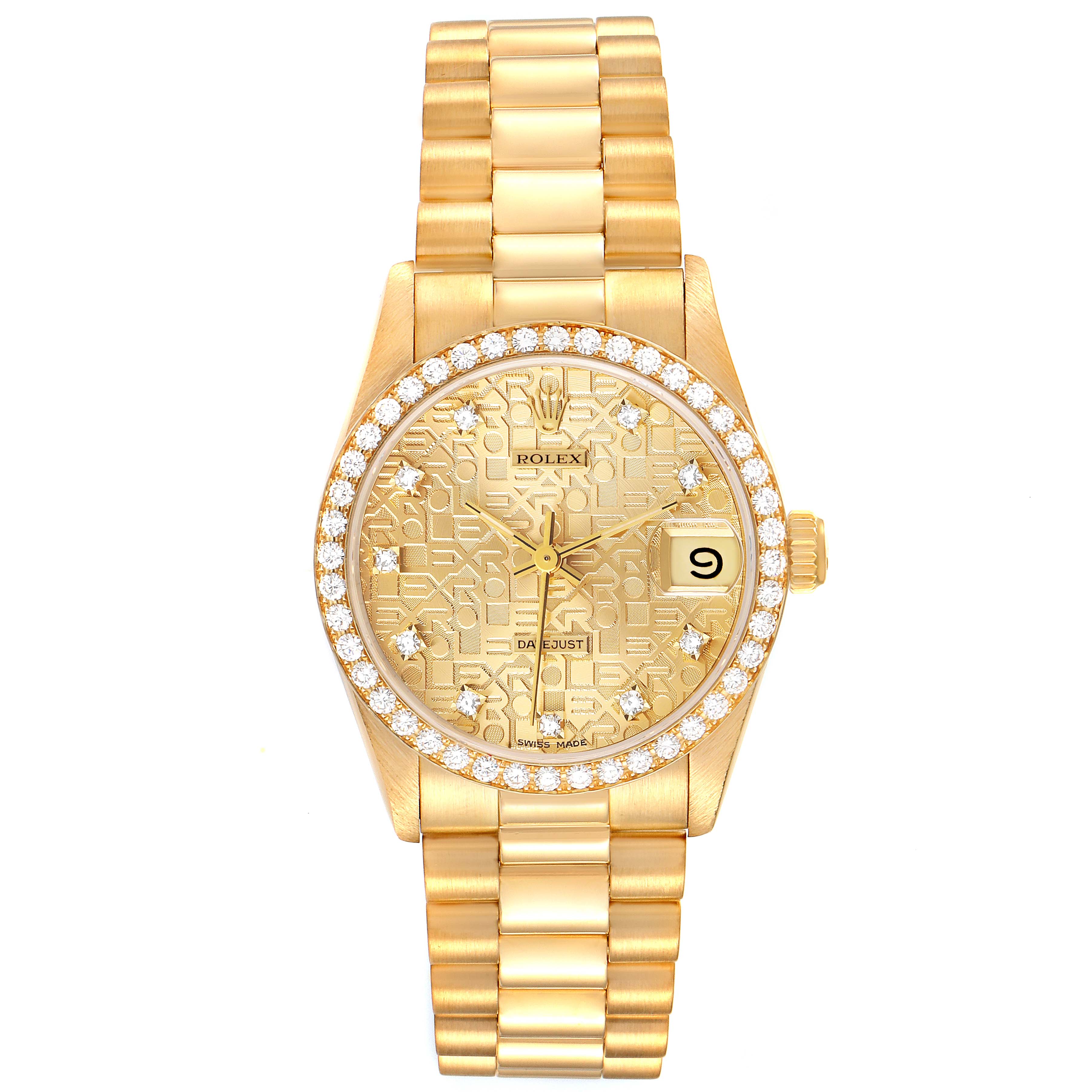 This image shows a frontal view of a Rolex President 68288 Women
s Yellow Gold Champagne Dial 68288 Women
s Yellow Gold Champagne Dial model watch, displaying its gold bracelet, diamond bezel, and decorated dial.