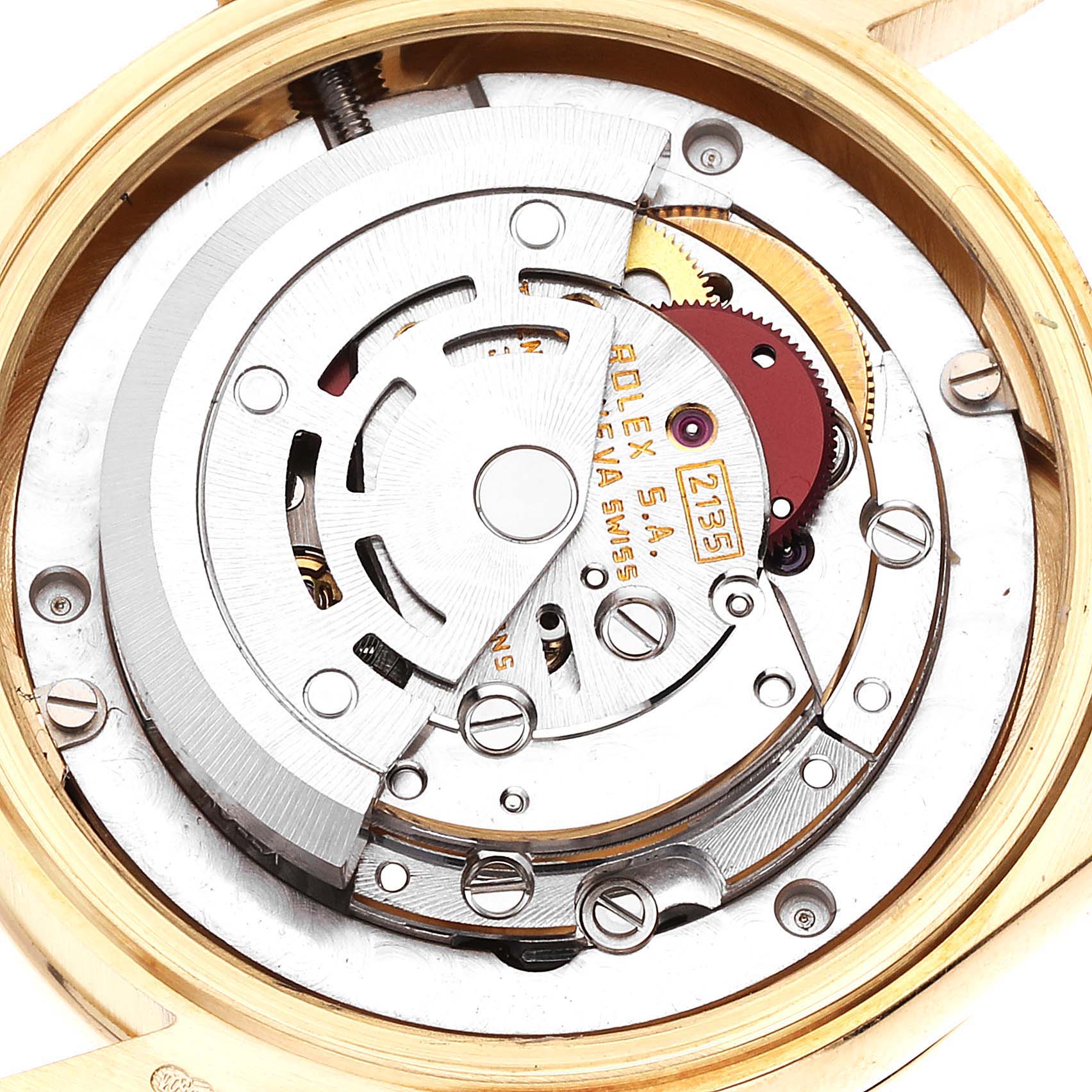 This image shows a close-up of the movement and internal components of a Rolex President 68288 Women
s Yellow Gold Champagne Dial 68288 Women
s Yellow Gold Champagne Dial model watch.