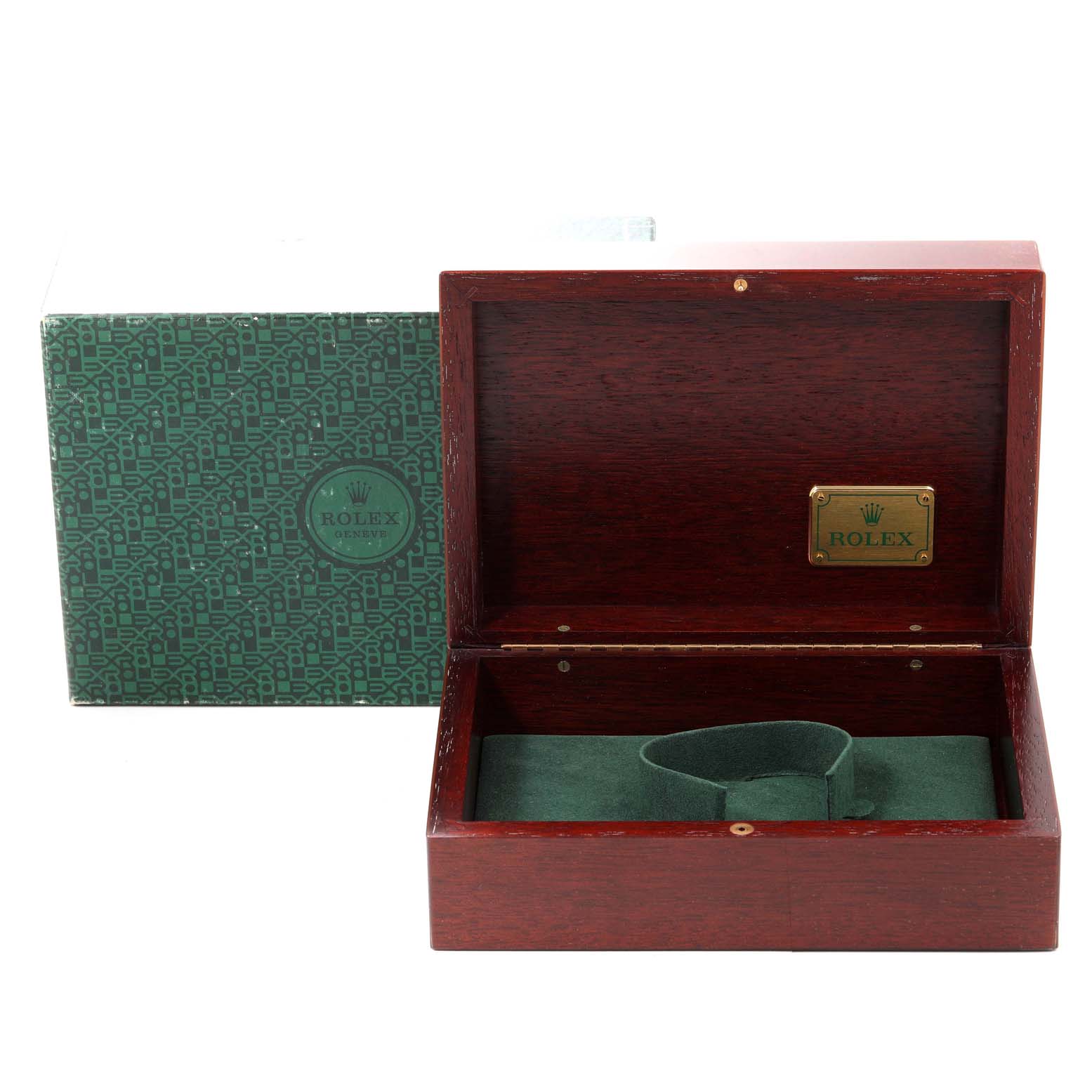 This image shows an open Rolex President 68288 Women
s Yellow Gold Champagne Dial 68288 Women
s Yellow Gold Champagne Dial model watch box with its green outer box beside it.