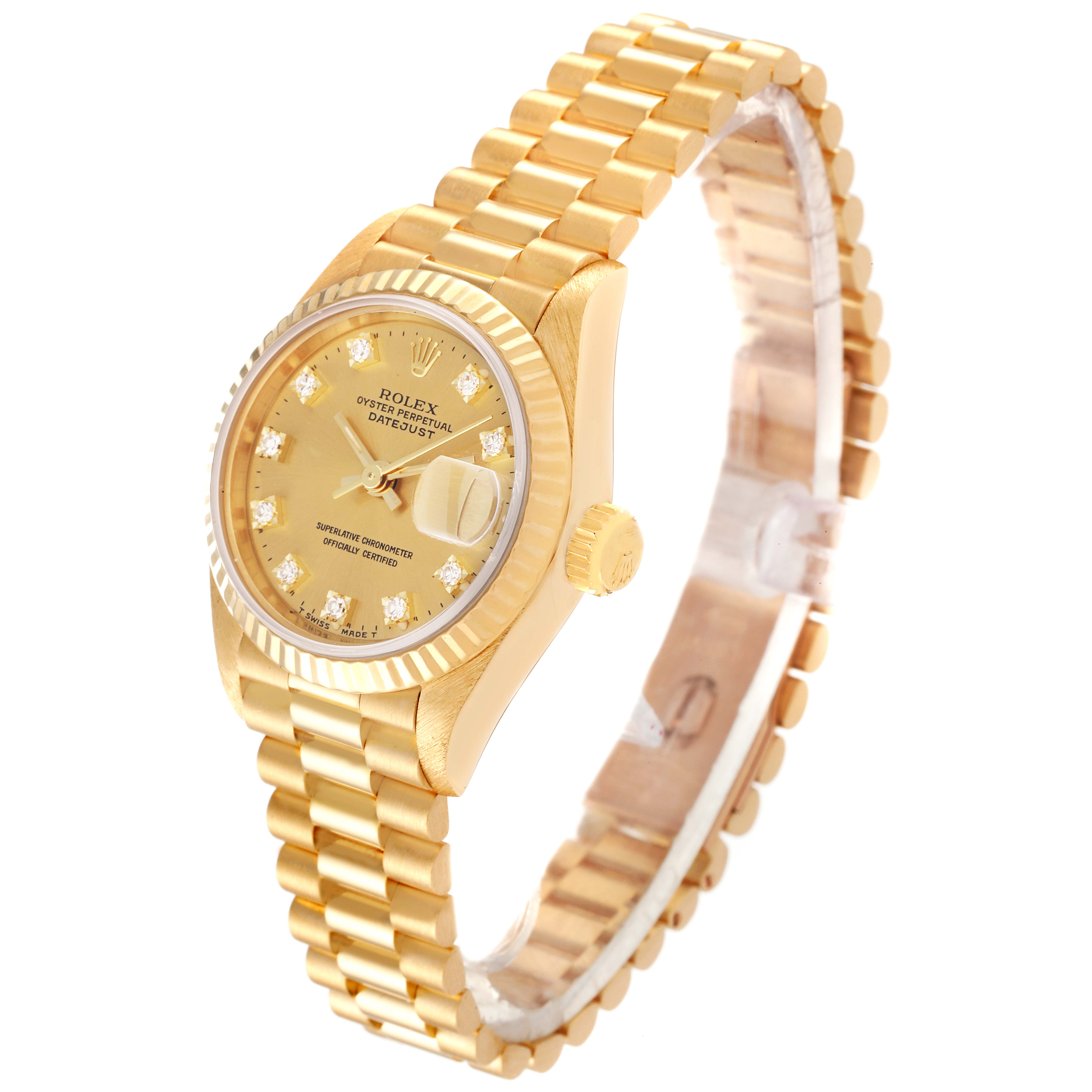 The Rolex President 69178 Women
s Yellow Gold Champagne Dial 69178 Women
s Yellow Gold Champagne Dial model watch is shown at a three-quarter angle highlighting its bracelet, dial, crown, and bezel.