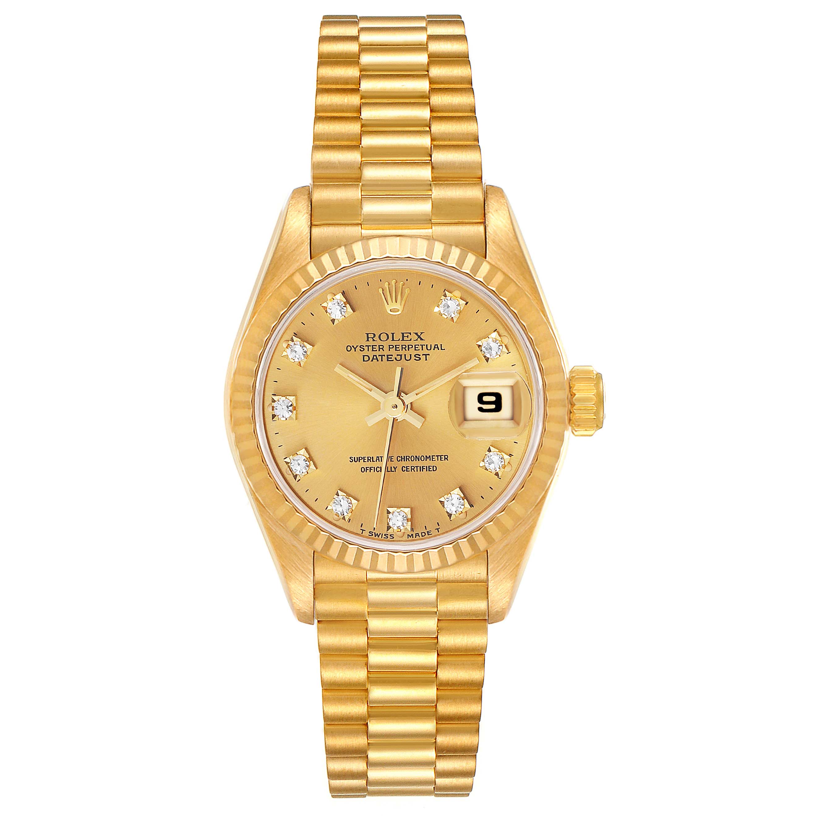 This image shows a front view of a Rolex President 69178 Women
s Yellow Gold Champagne Dial 69178 Women
s Yellow Gold Champagne Dial model watch, displaying its gold dial, diamond hour markers, and date window.