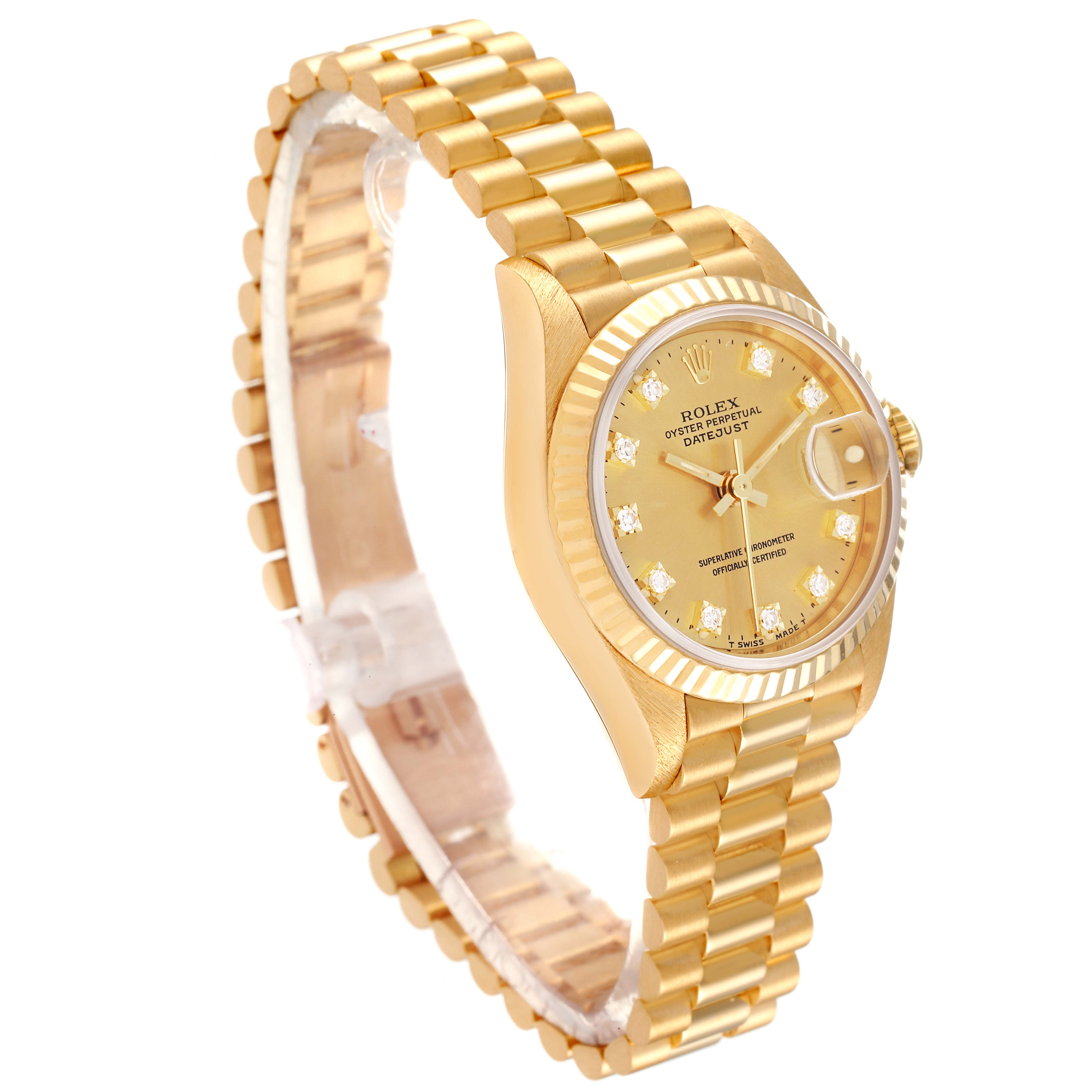 The watch is shown at a three-quarter angle, highlighting the face, bezel, and bracelet of the Rolex President 69178 Women
s Yellow Gold Champagne Dial 69178 Women
s Yellow Gold Champagne Dial model.