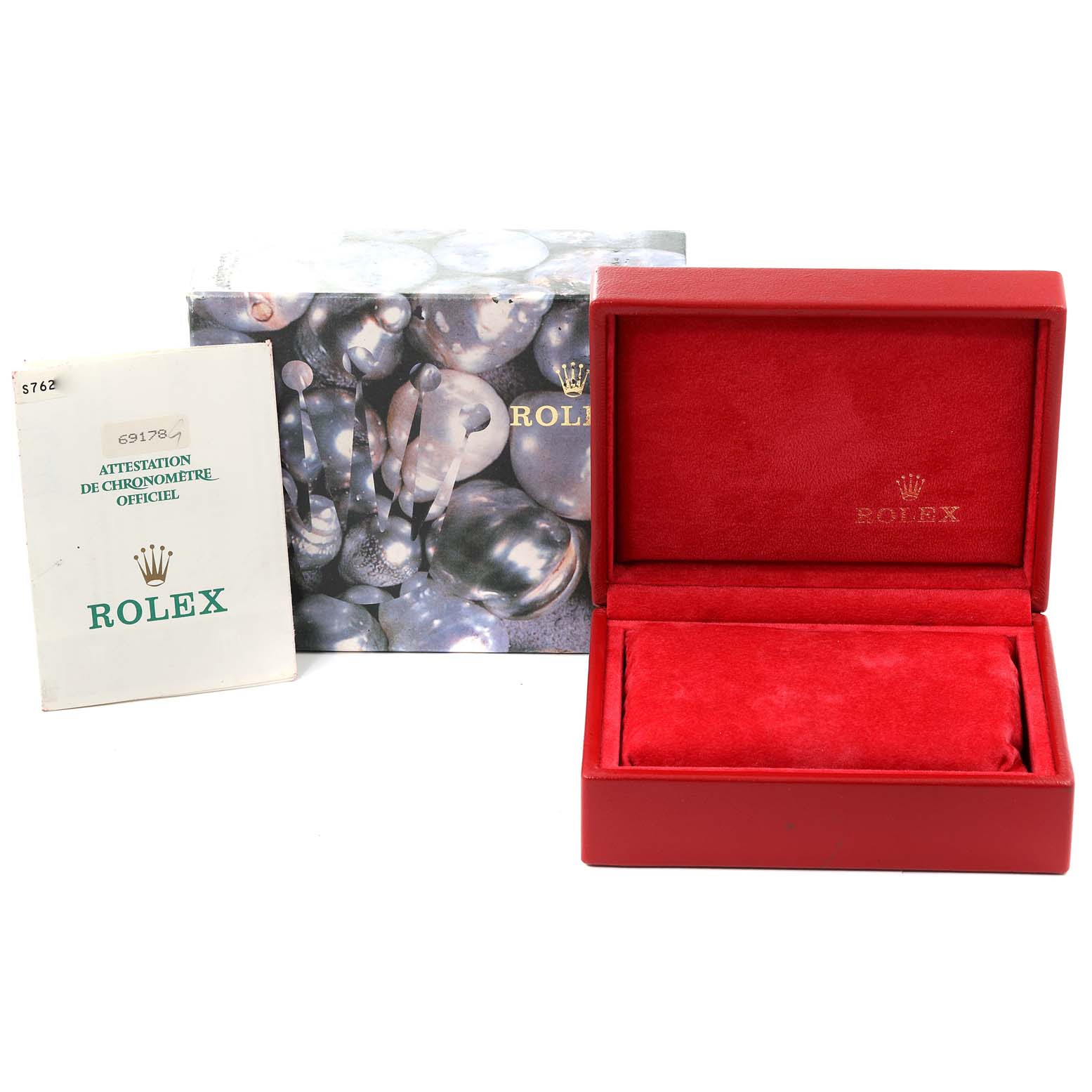 The image shows a Rolex President 69178 Women
s Yellow Gold Champagne Dial 69178 Women
s Yellow Gold Champagne Dial model
s empty watch box, a manual, and the outer box.