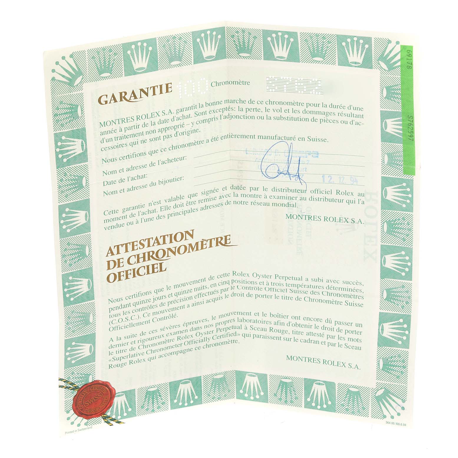 The image shows the warranty and chronometer certification documents for the Rolex President 69178 Women
s Yellow Gold Champagne Dial 69178 Women
s Yellow Gold Champagne Dial model watch.