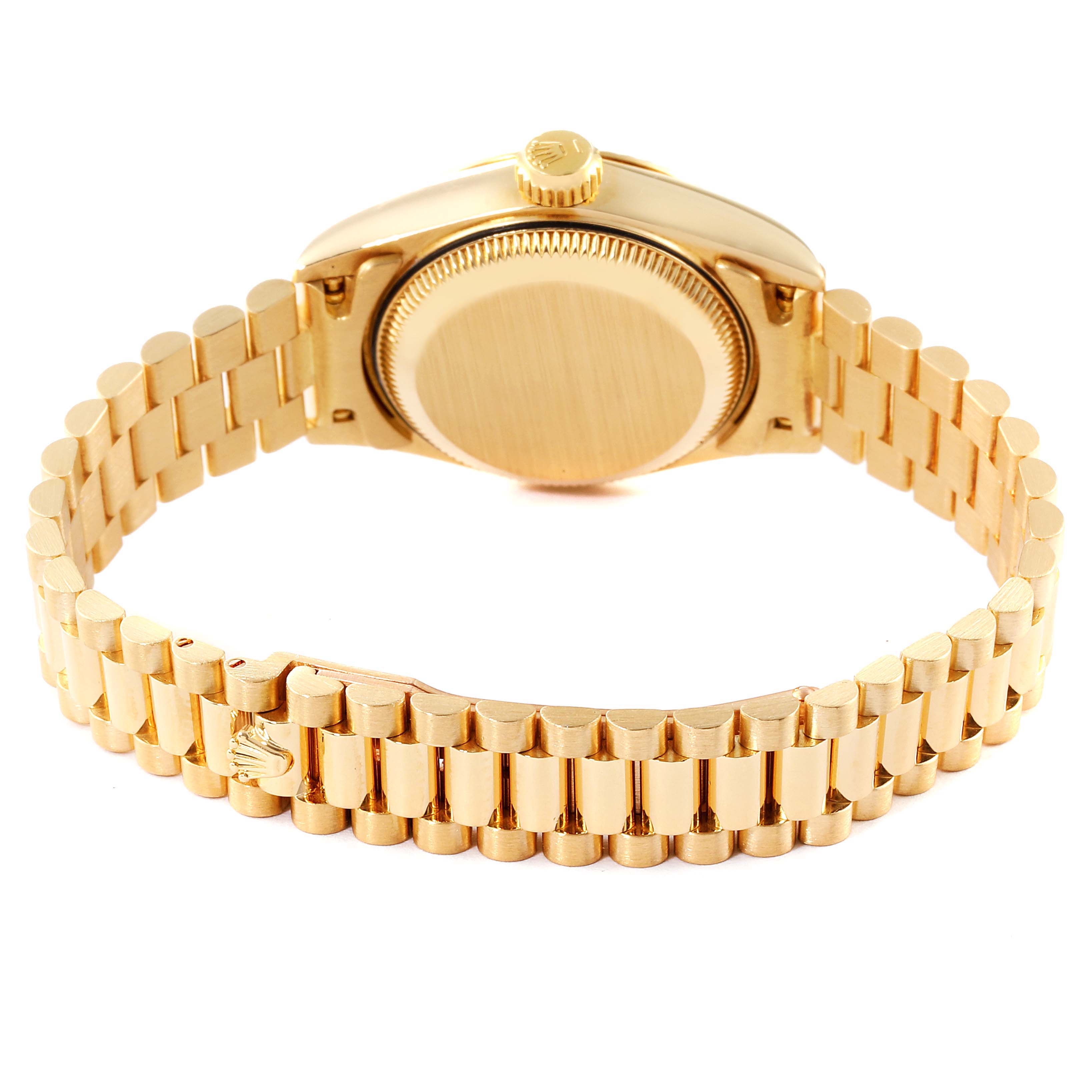 This image shows the back view of the Rolex President 69178 Women
s Yellow Gold Champagne Dial 69178 Women
s Yellow Gold Champagne Dial model watch, highlighting the case back and bracelet.