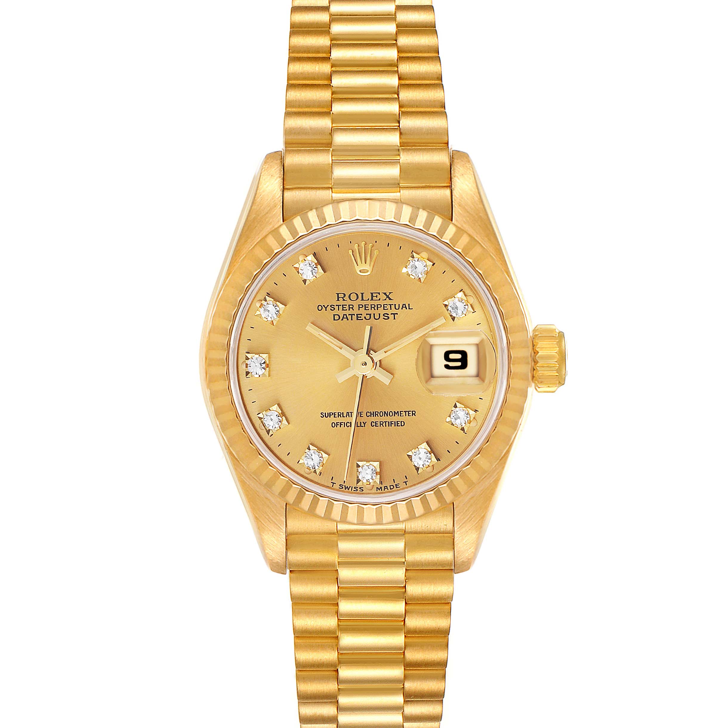 The image shows a fully frontal view of a Rolex President 69178 Women
s Yellow Gold Champagne Dial 69178 Women
s Yellow Gold Champagne Dial model watch with a gold dial, date window, and gold bracelet.
