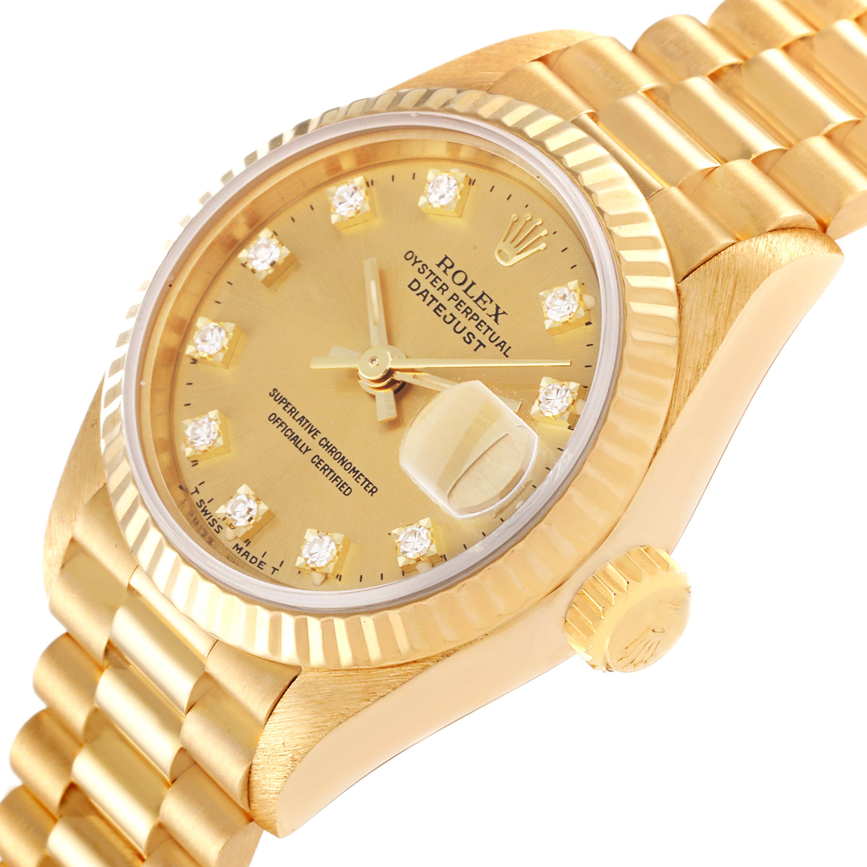 The Rolex President 69178 Women
s Yellow Gold Champagne Dial 69178 Women
s Yellow Gold Champagne Dial model is shown at an angle, highlighting its gold bracelet, fluted bezel, crown, and diamond hour markers.