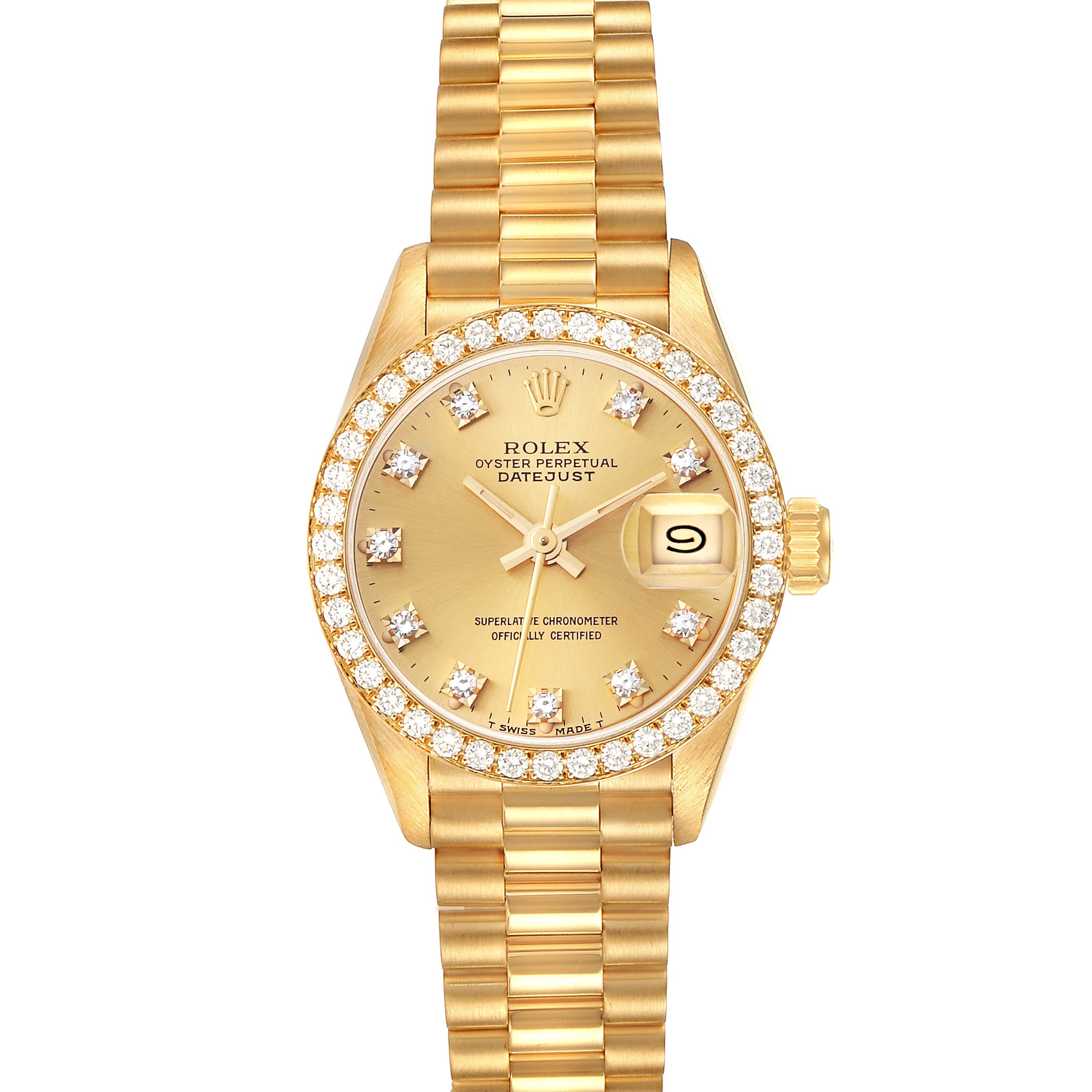 The image shows a frontal view of a Rolex President 69138 Women
s Yellow Gold Champagne Dial 69138 Women
s Yellow Gold Champagne Dial model, displaying the dial, bezel, hands, date window, and bracelet.