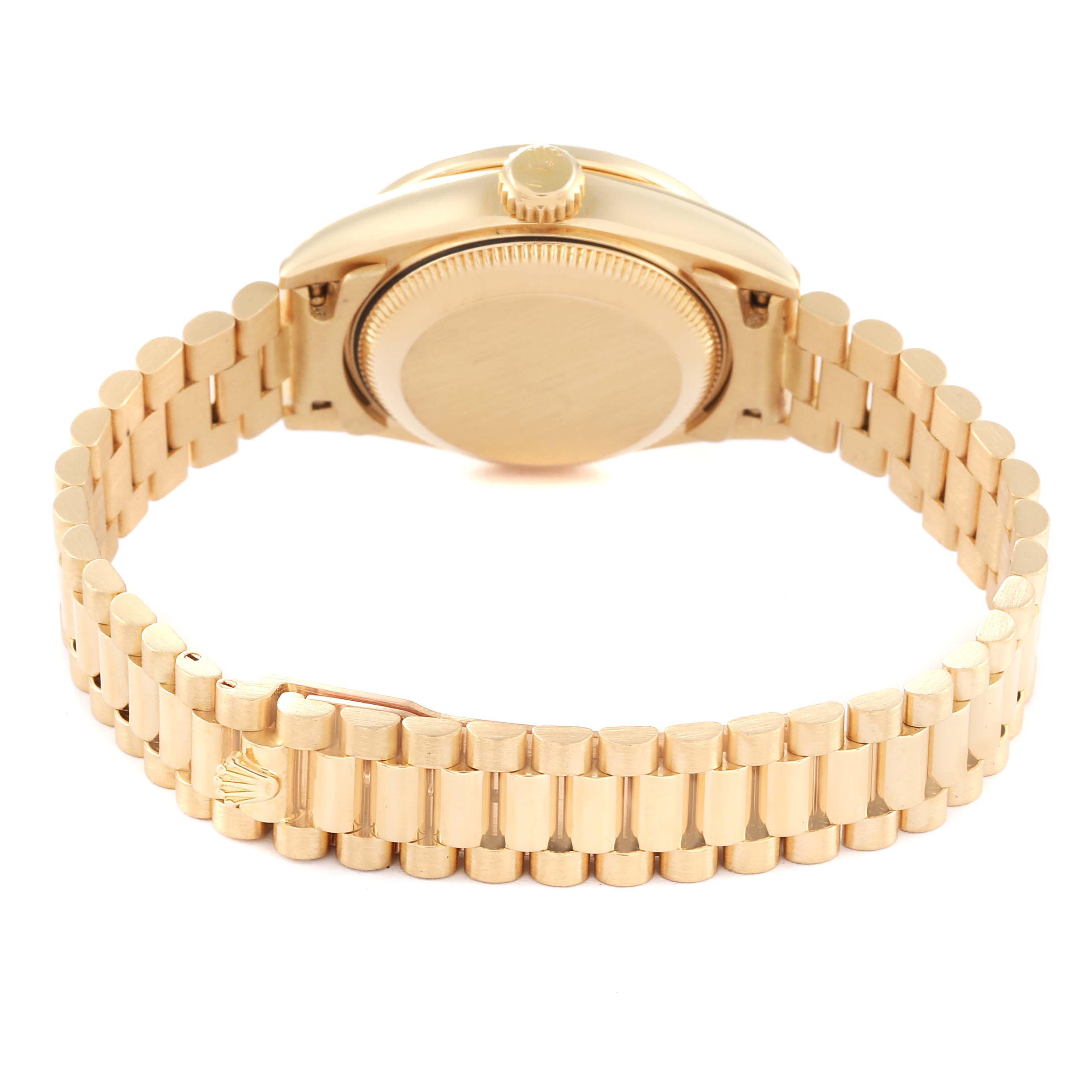 The image shows the back and bracelet of a Rolex President 69138 Women
s Yellow Gold Champagne Dial 69138 Women
s Yellow Gold Champagne Dial model watch, highlighting the clasp and case back.