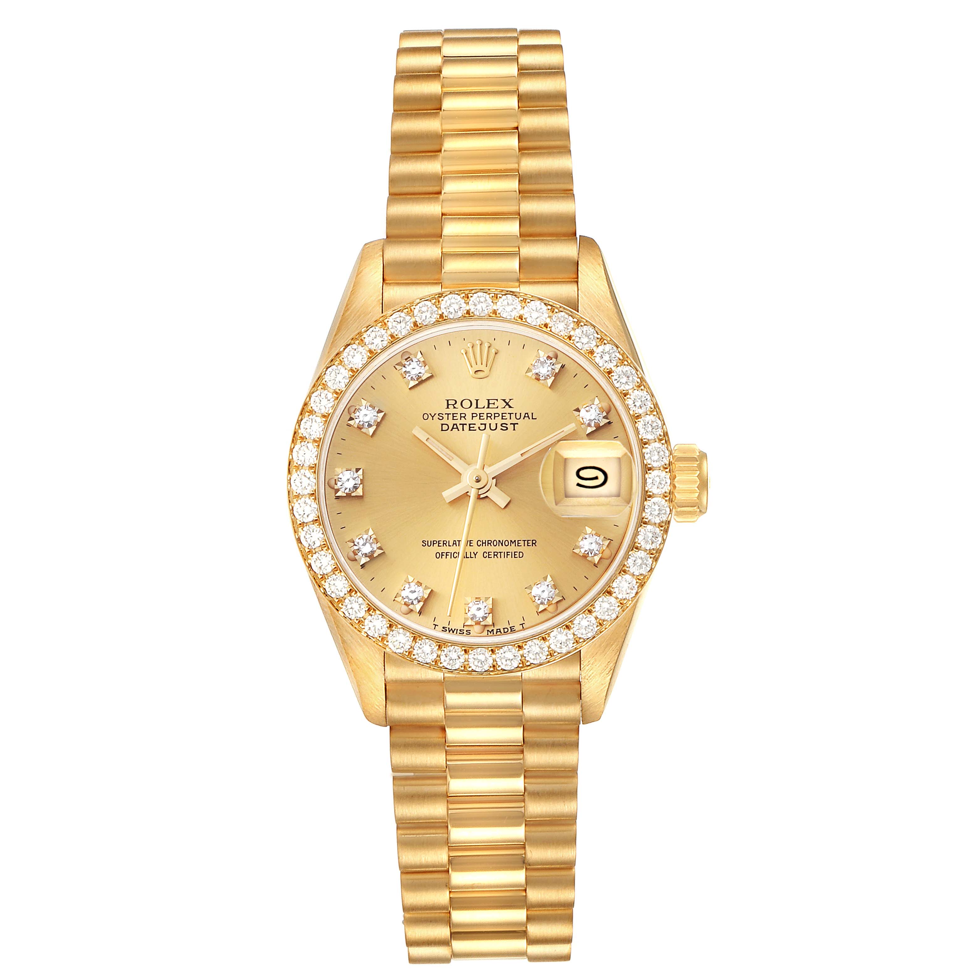 This is a frontal view of a Rolex President 69138 Women
s Yellow Gold Champagne Dial 69138 Women
s Yellow Gold Champagne Dial model showing the dial, bezel, and bracelet.