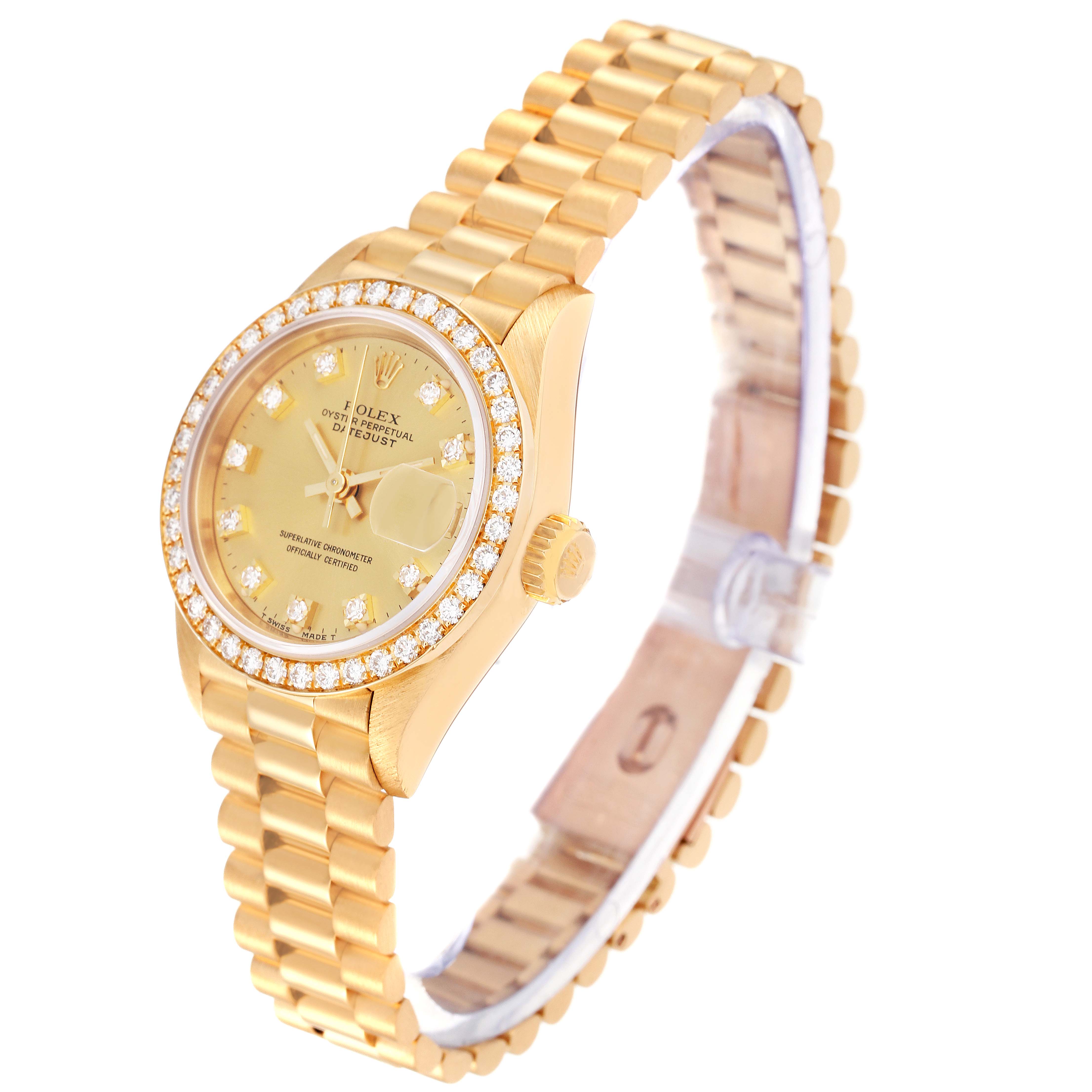 The Rolex President 69138 Women
s Yellow Gold Champagne Dial 69138 Women
s Yellow Gold Champagne Dial model watch is shown at a slight angle, displaying the dial, crown, and full bracelet.