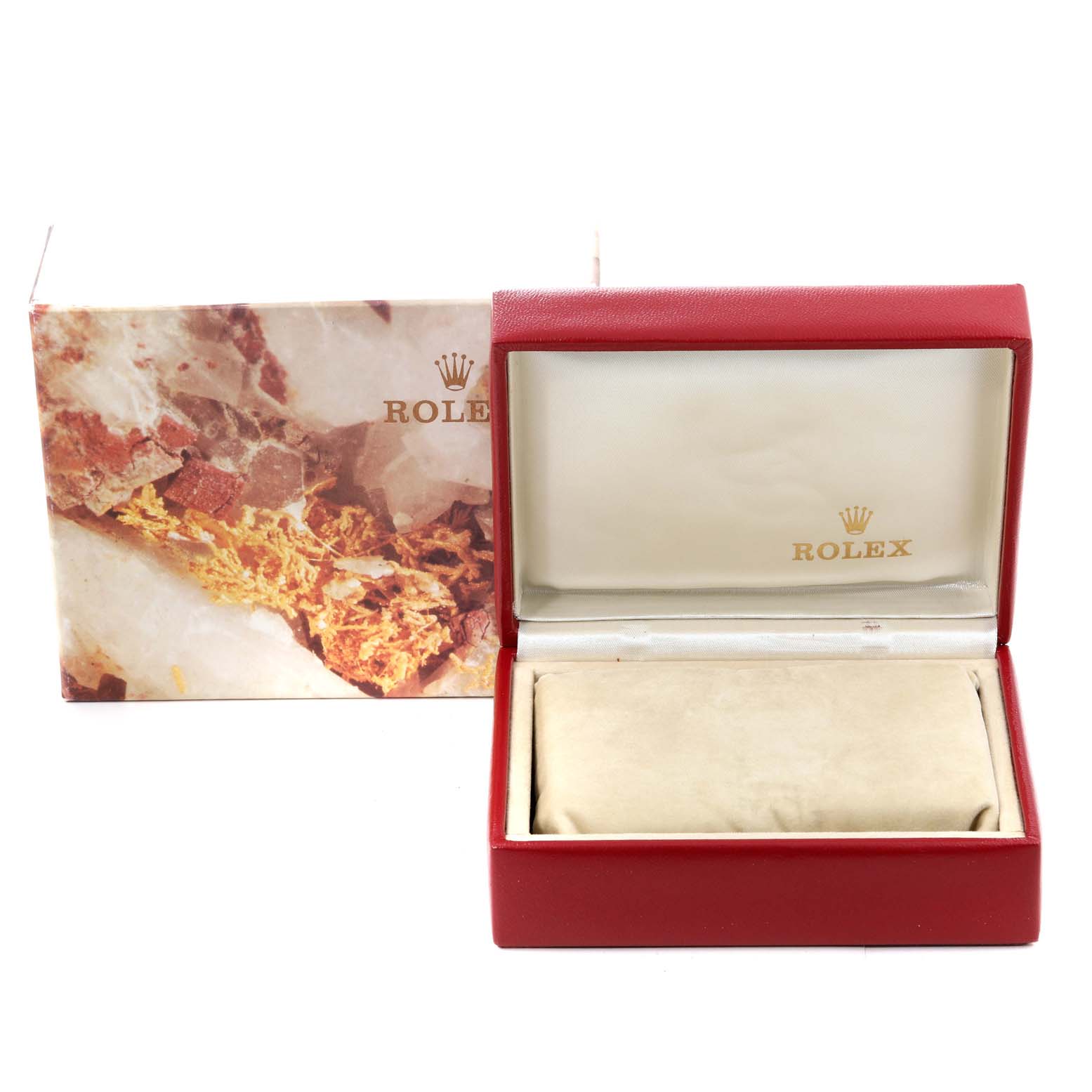 The image shows an empty Rolex watch box for the President model, including the box and outer sleeve packaging from a front angle.