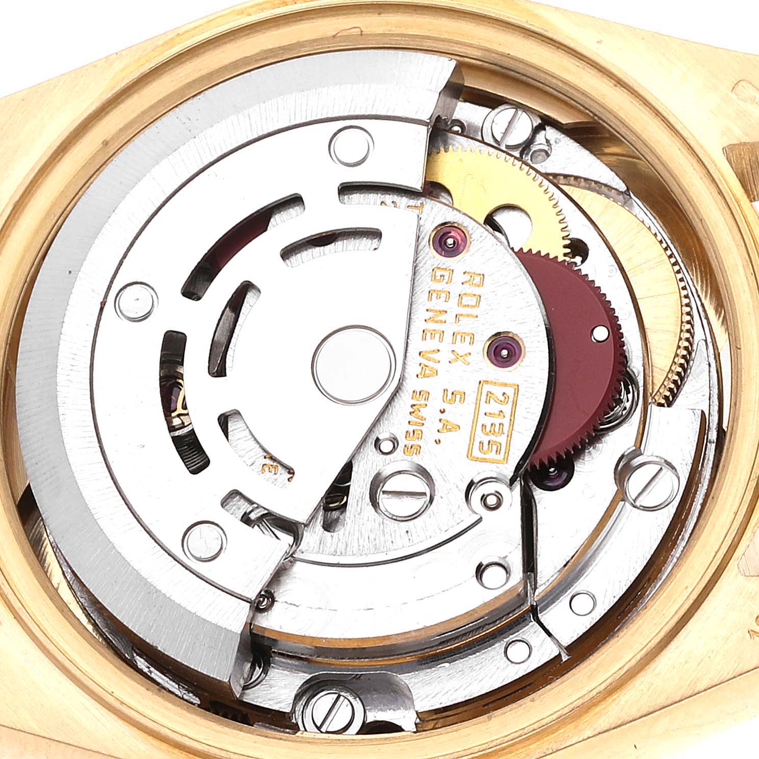 This is a close-up view of the internal mechanism of a Rolex President 69138 Women
s Yellow Gold Champagne Dial 69138 Women
s Yellow Gold Champagne Dial model watch.