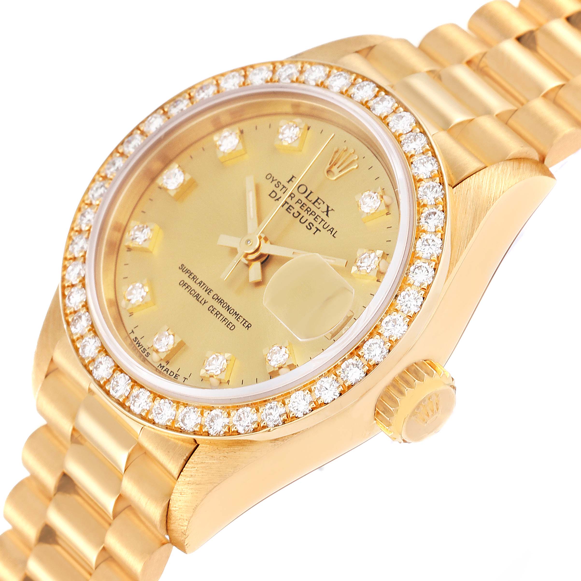 This image shows a detailed view of the Rolex President 69138 Women
s Yellow Gold Champagne Dial 69138 Women
s Yellow Gold Champagne Dial watch face, bezel, crown, and part of the bracelet angled slightly above the front.