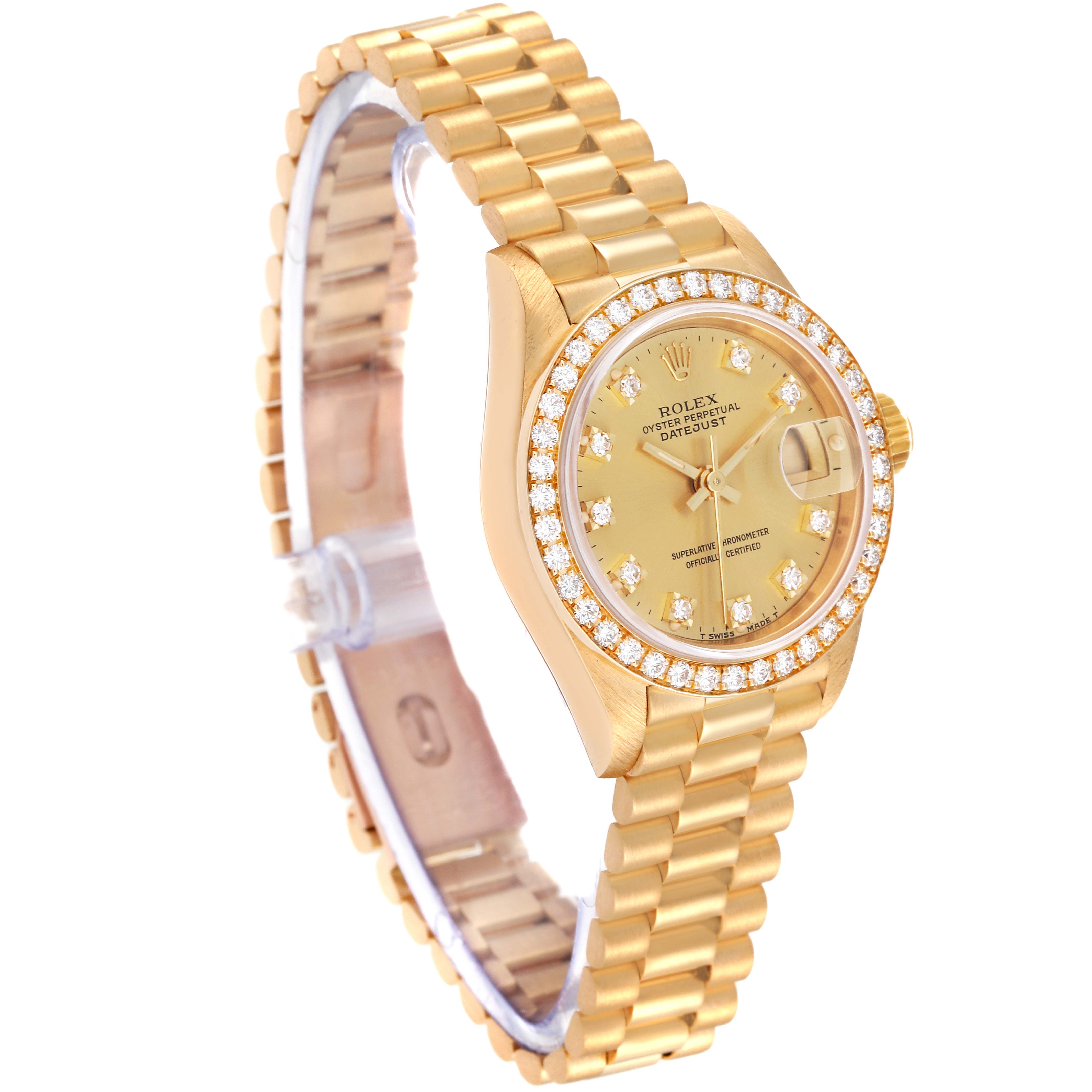 The image shows a Rolex President 69138 Women
s Yellow Gold Champagne Dial 69138 Women
s Yellow Gold Champagne Dial model watch at an angled side view, displaying its bracelet, bezel, dial, and crown.