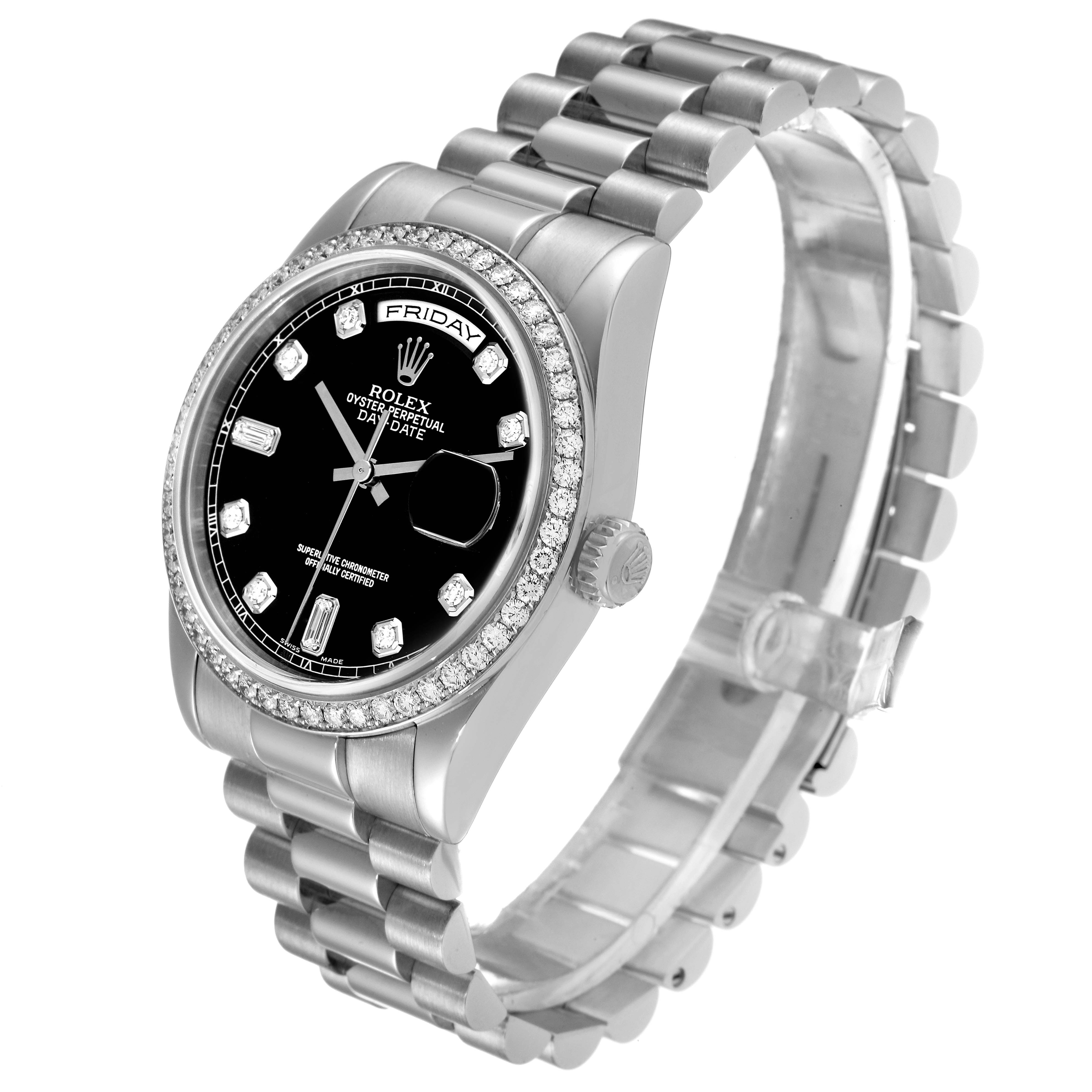 The Rolex President 118346 Men's Platinum Black Dial 118346 Men's Platinum Black Dial model watch is shown at a three-quarter angle, displaying its face, dial, bracelet, and crown.