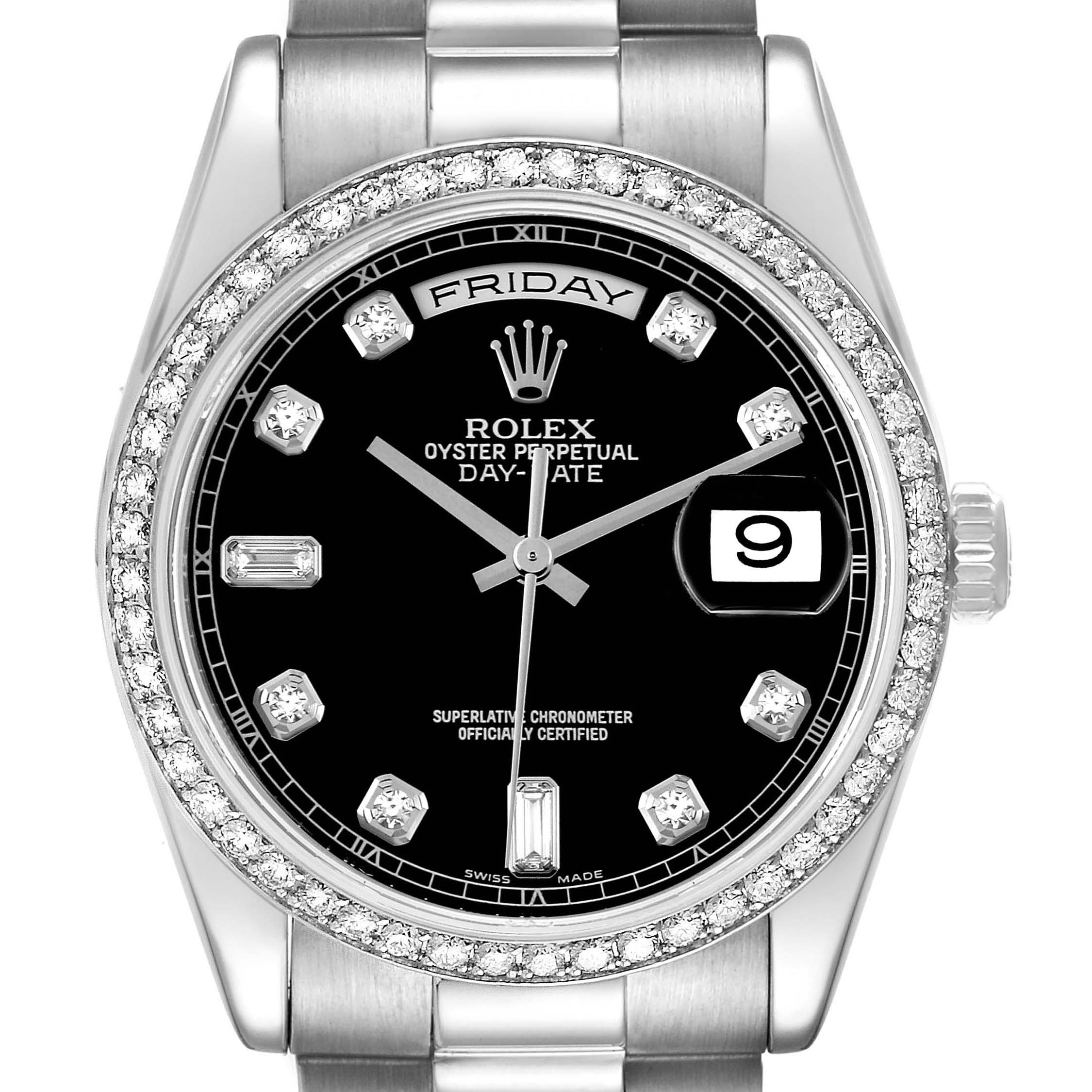 The Rolex President 118346 Men's Platinum Black Dial 118346 Men's Platinum Black Dial model watch shown is at a straight-on angle, displaying its face, bezel, and upper part of the bracelet.