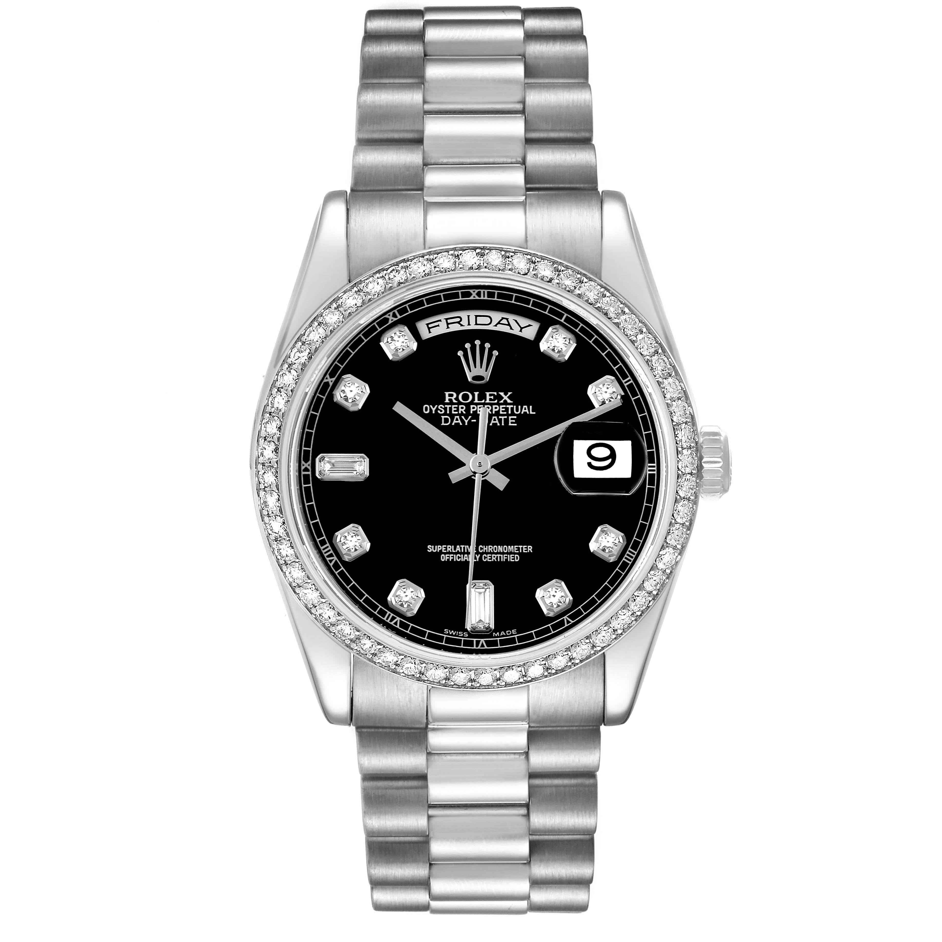 The image shows a front view of a Rolex President 118346 Men's Platinum Black Dial 118346 Men's Platinum Black Dial model watch with a diamond-encrusted bezel and black dial.