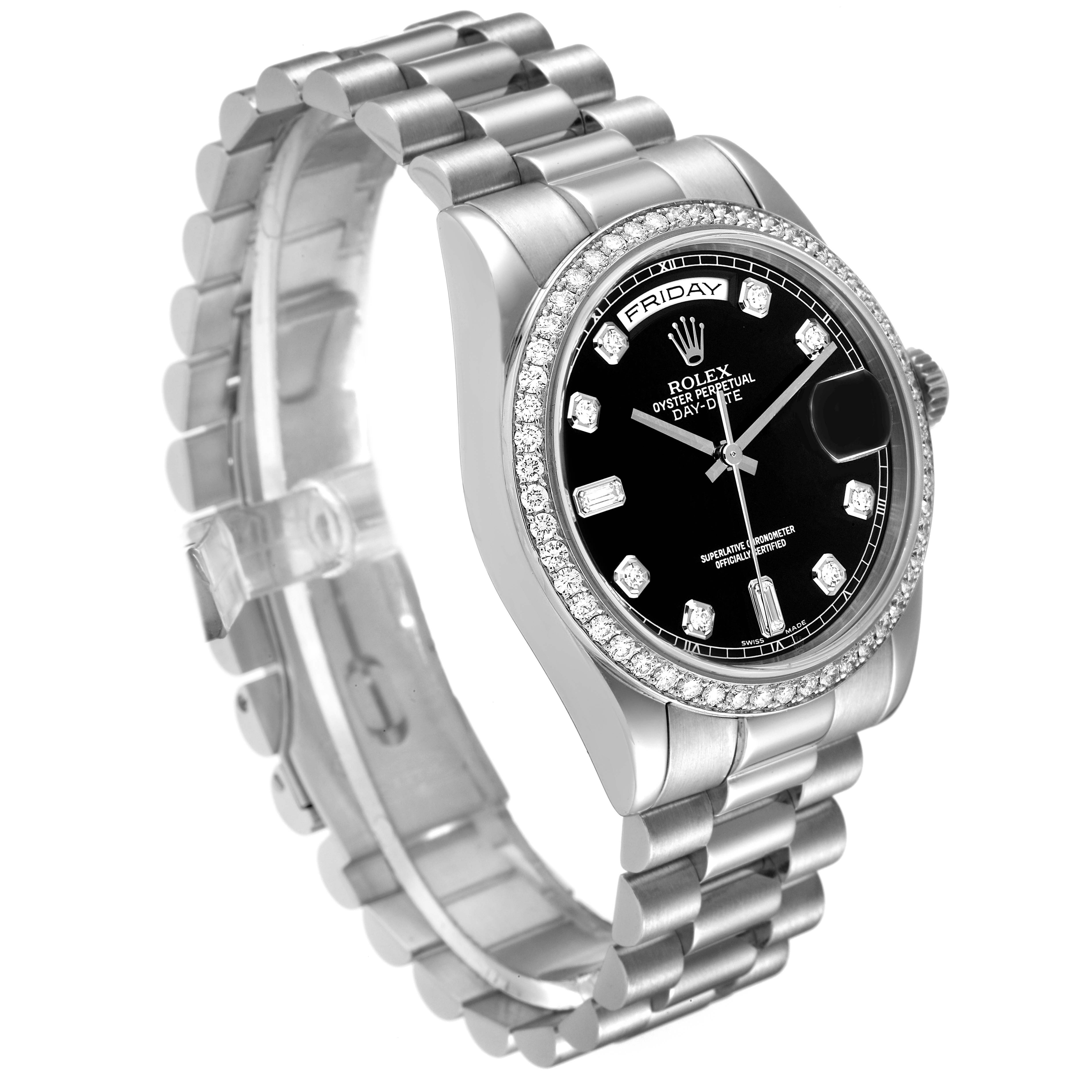 The image shows a Rolex President 118346 Men's Platinum Black Dial 118346 Men's Platinum Black Dial model watch at a three-quarter angle, displaying its bracelet, bezel, and dial.