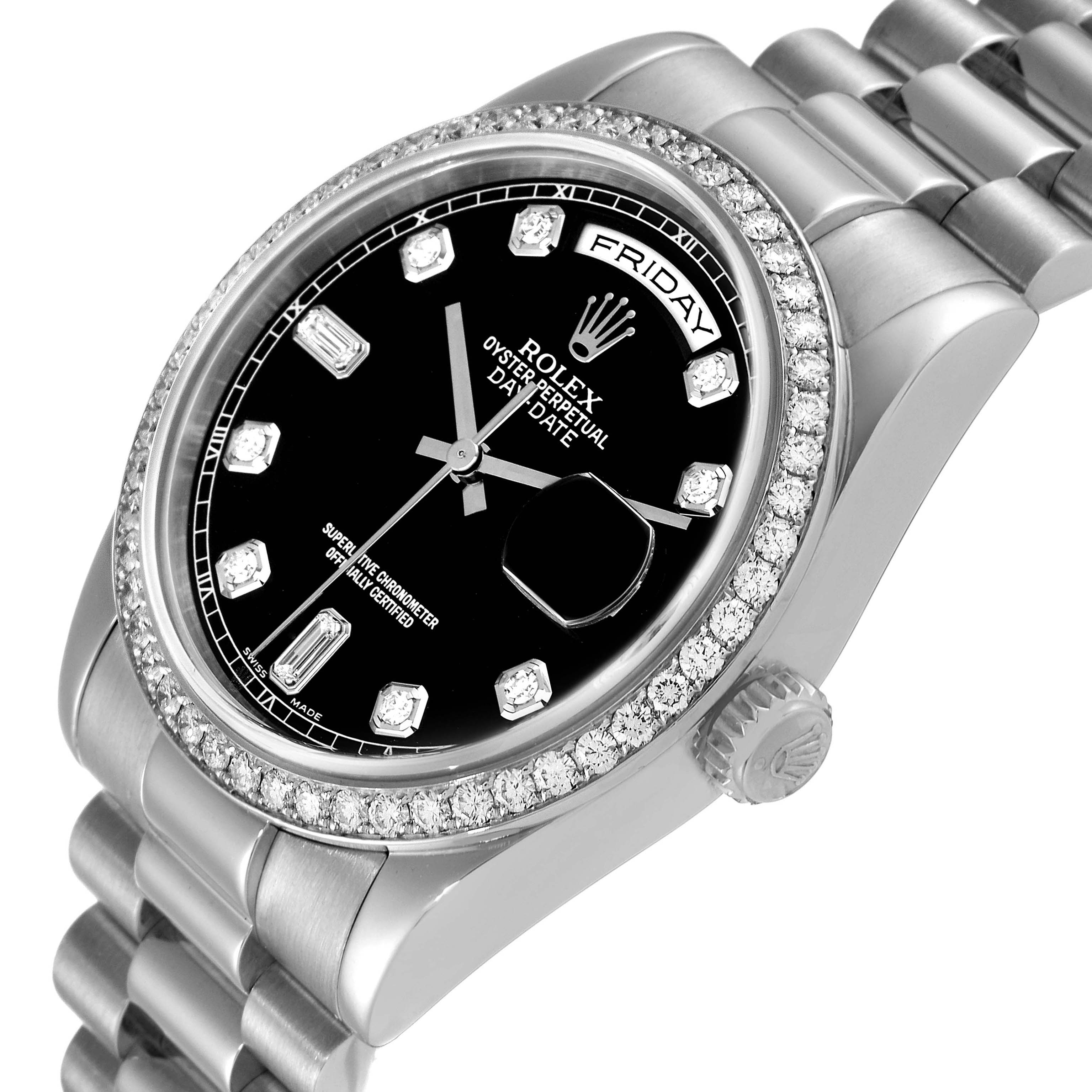 The Rolex President 118346 Men's Platinum Black Dial 118346 Men's Platinum Black Dial model watch is shown in a tilted angle, displaying the face, crown, bezel, and part of the bracelet.