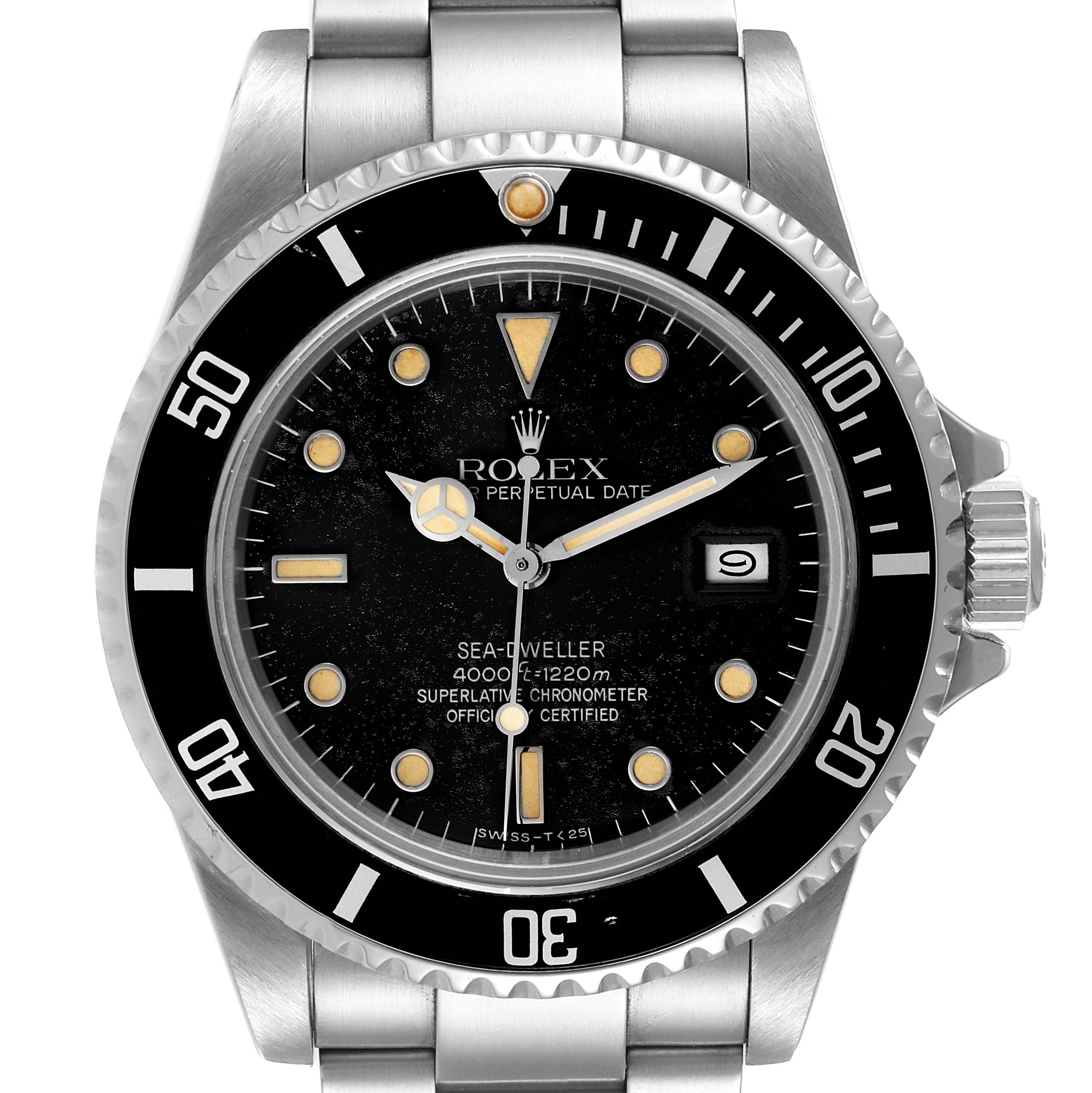 This image shows a front view of the Rolex Sea-Dweller from the Vintage Collection, highlighting the dial, bezel, and bracelet.