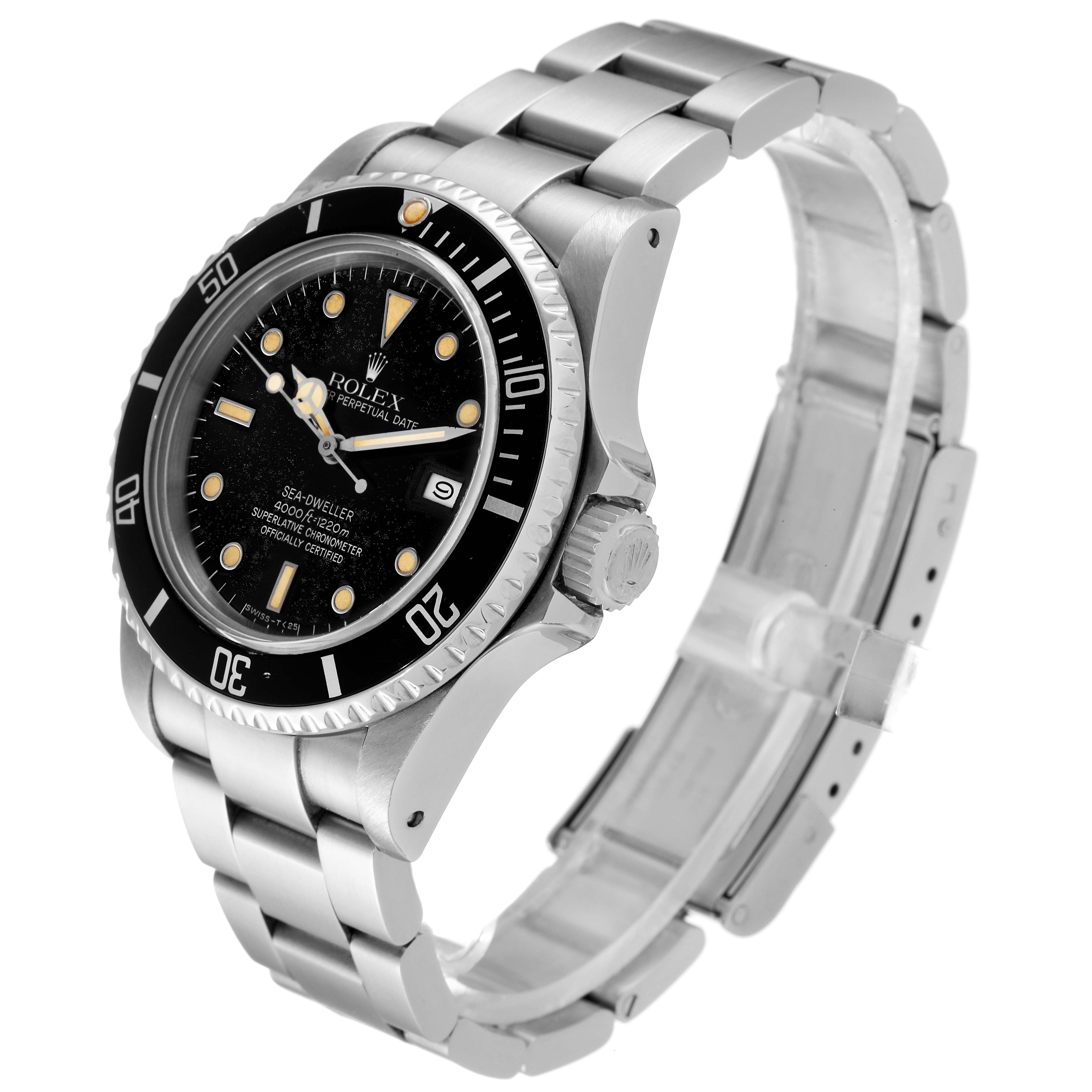 The image shows a side angle view of the Vintage Collection Rolex Sea-Dweller watch, highlighting its bezel, dial, crown, and bracelet.