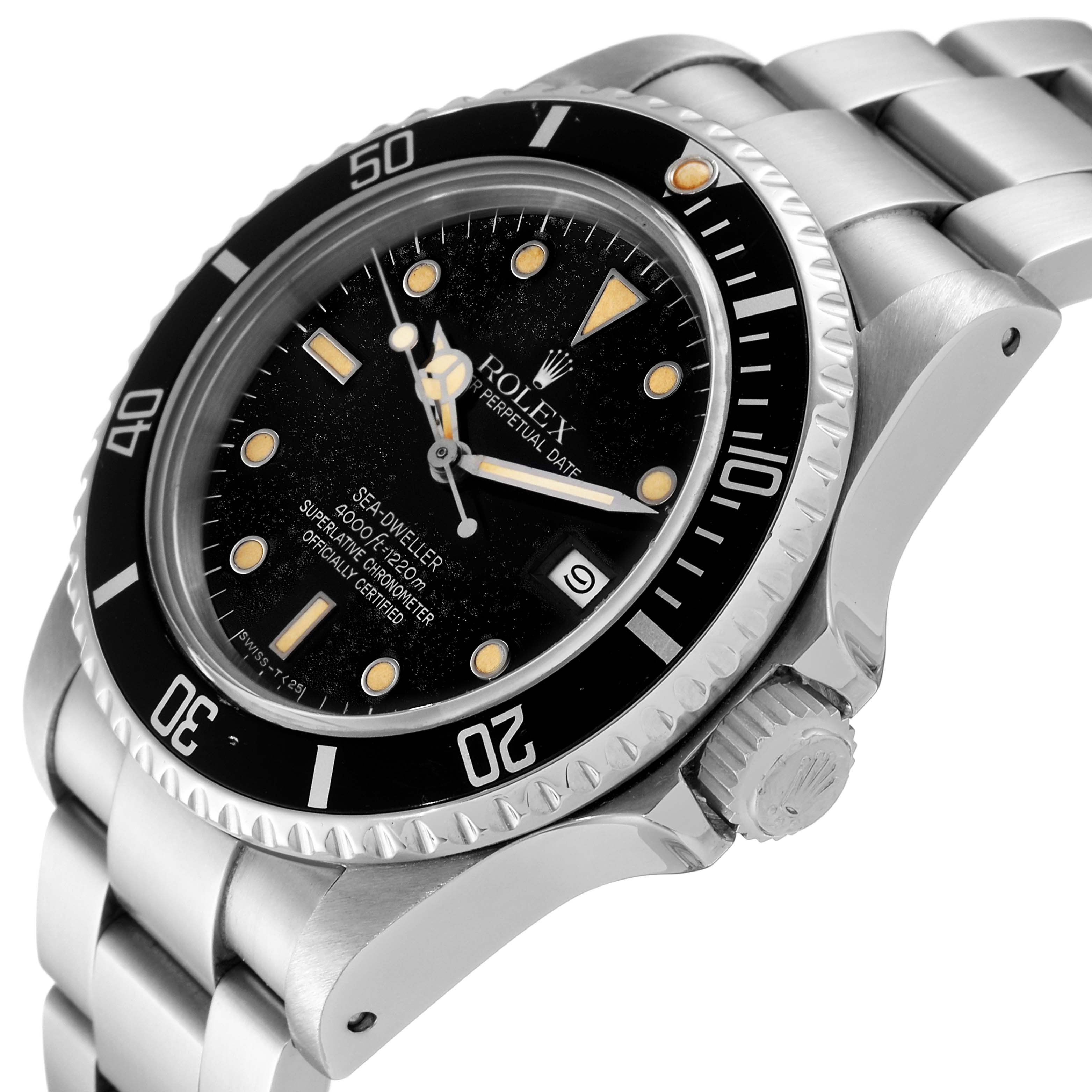 The image shows a close-up, angled view of the Rolex Sea-Dweller Vintage Collection watch, highlighting the face, bezel, and part of the bracelet.