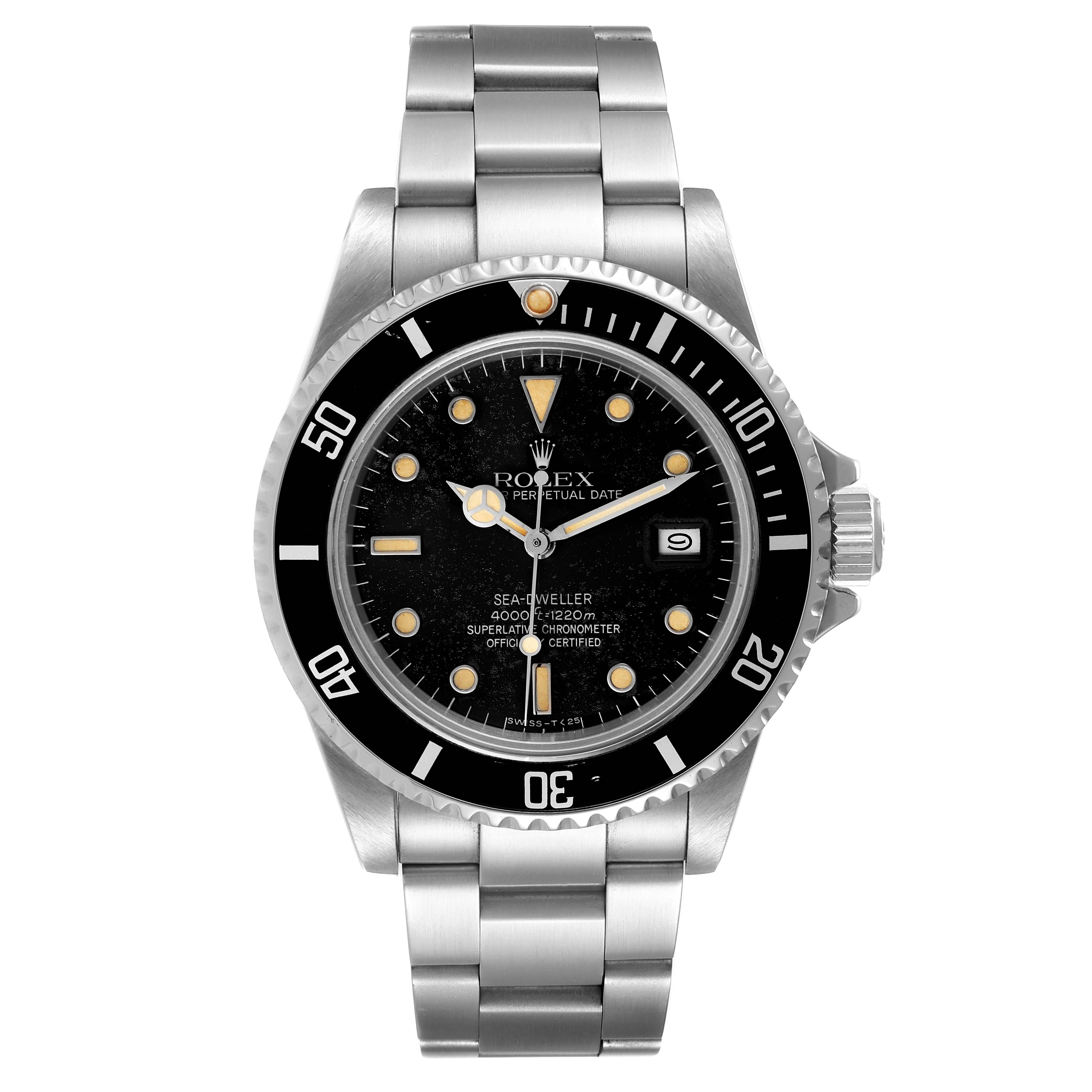 The image shows a front view of a Rolex Vintage Collection 16660 Men's Stainless Steel Black Dial 16660 Men's Stainless Steel Black Dial Sea-Dweller watch, highlighting its dial, bezel, and bracelet.