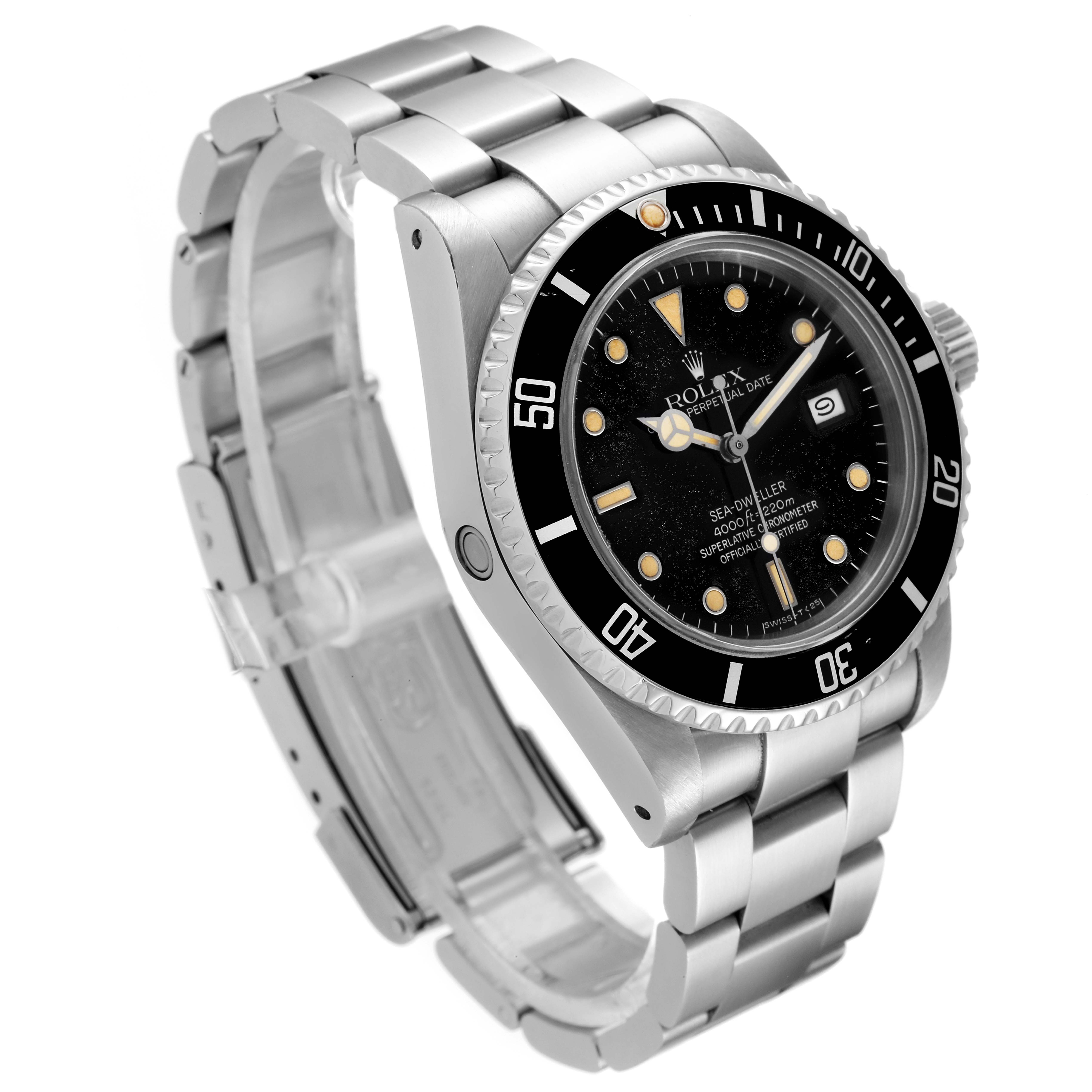 This image shows a three-quarter angle of the Rolex Vintage Collection 16660 Men's Stainless Steel Black Dial 16660 Men's Stainless Steel Black Dial watch, focusing on the dial, bezel, crown, and stainless steel bracelet.