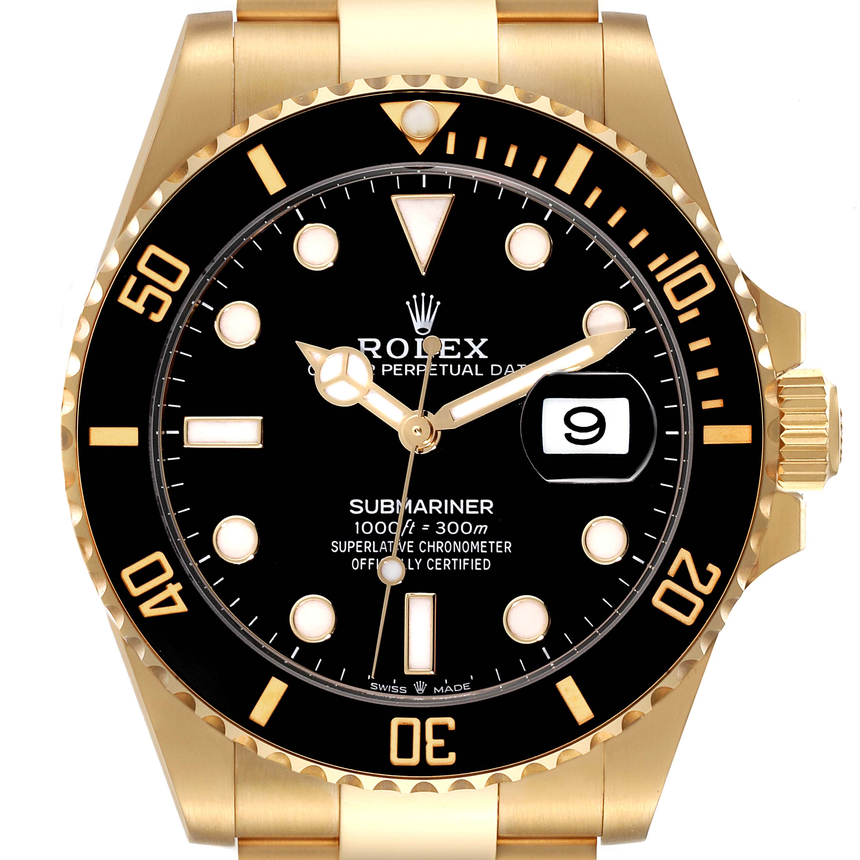 The image shows a front view of the Rolex Submariner 126618 Men's Yellow Gold Black Dial 126618 Men's Yellow Gold Black Dial watch, displaying its face, bezel, and part of the bracelet.
