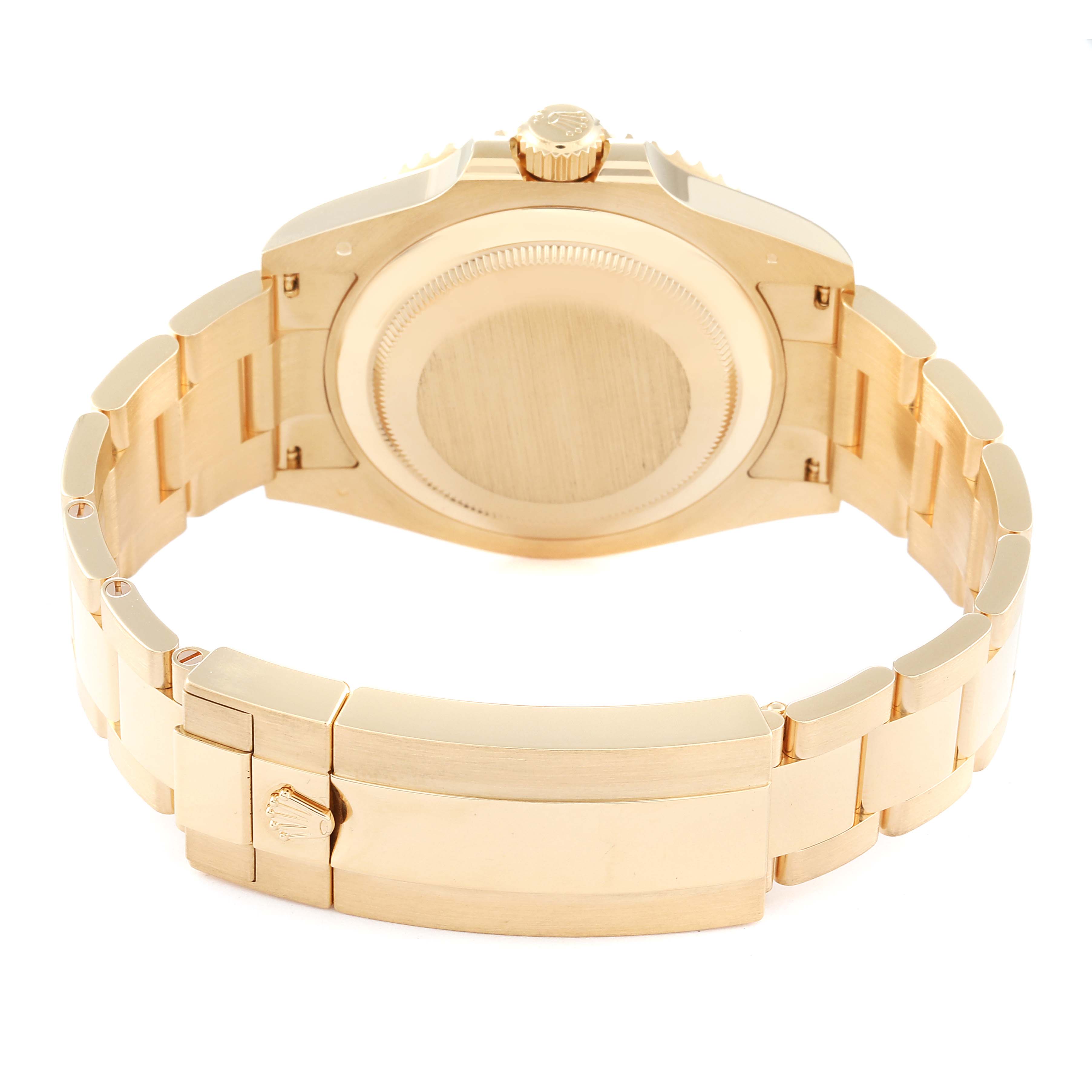 This image shows the back view of a Rolex Submariner 126618 Men's Yellow Gold Black Dial 126618 Men's Yellow Gold Black Dial watch, highlighting the case back, crown, and bracelet.