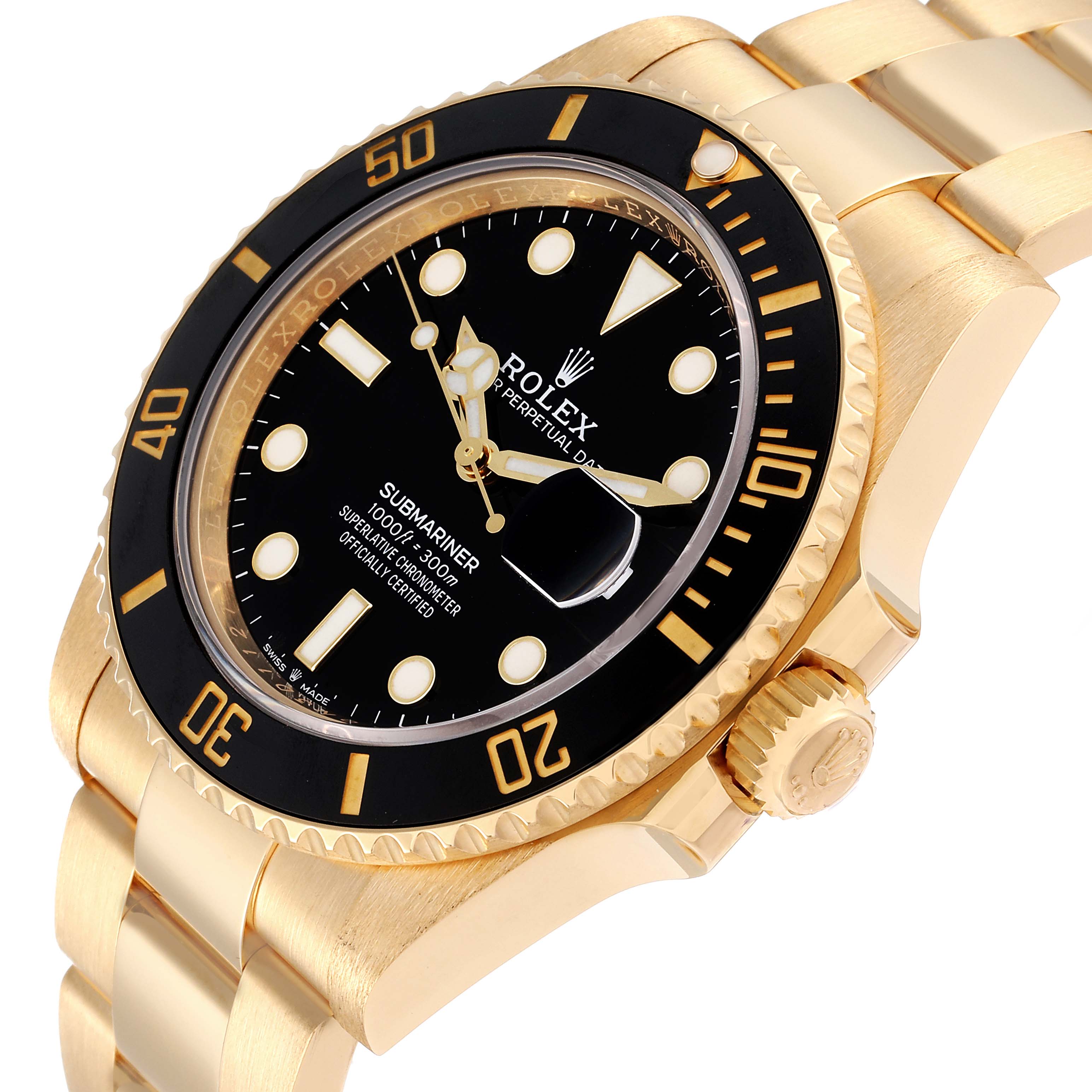 The image shows a Rolex Submariner 126618 Men's Yellow Gold Black Dial 126618 Men's Yellow Gold Black Dial from a close-up angle focusing on the black dial, bezel, and part of the gold bracelet.