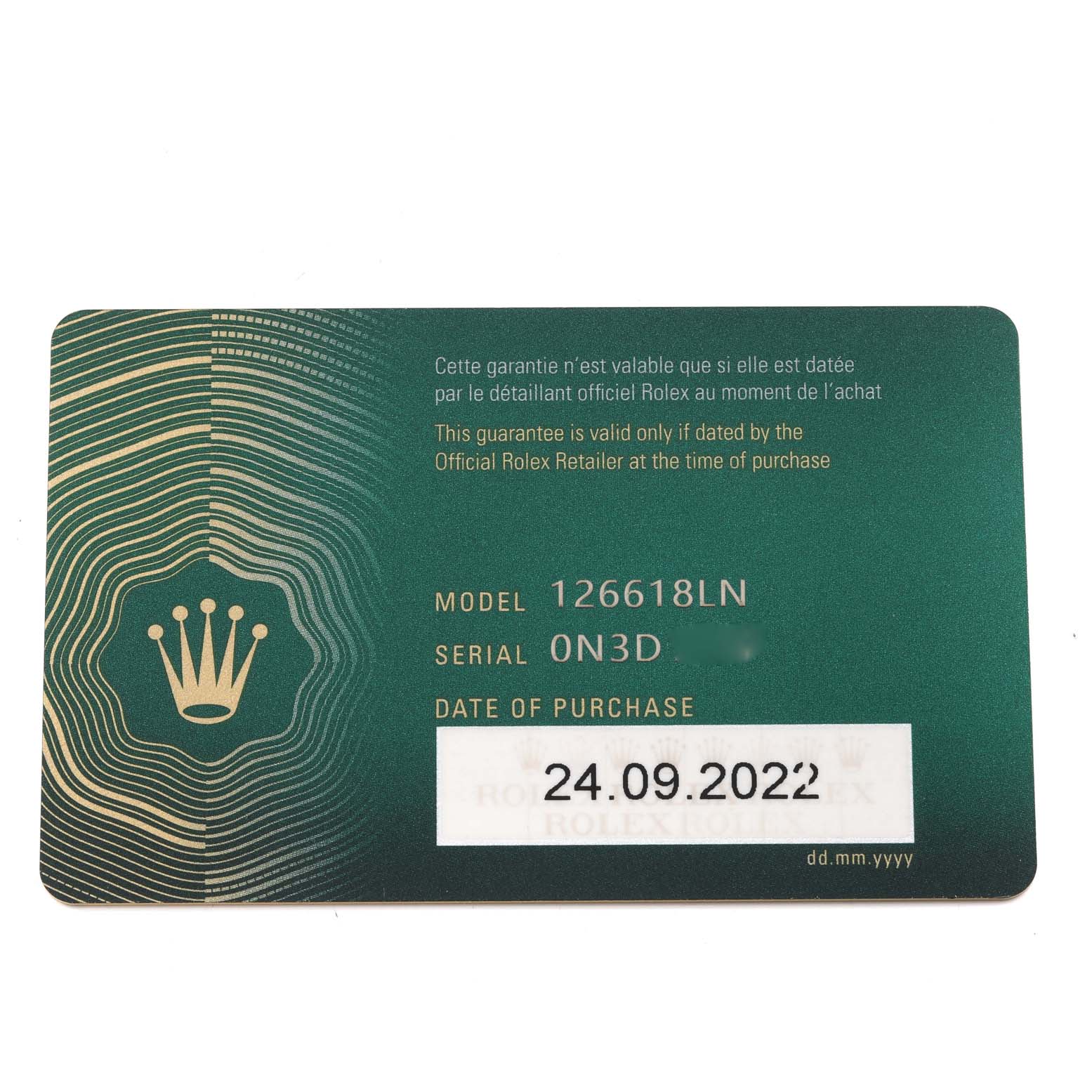 The image displays the guarantee card for a Rolex Submariner 126618 Men's Yellow Gold Black Dial 126618 Men's Yellow Gold Black Dial model 126618LN, showing the model number, serial number, and purchase date.