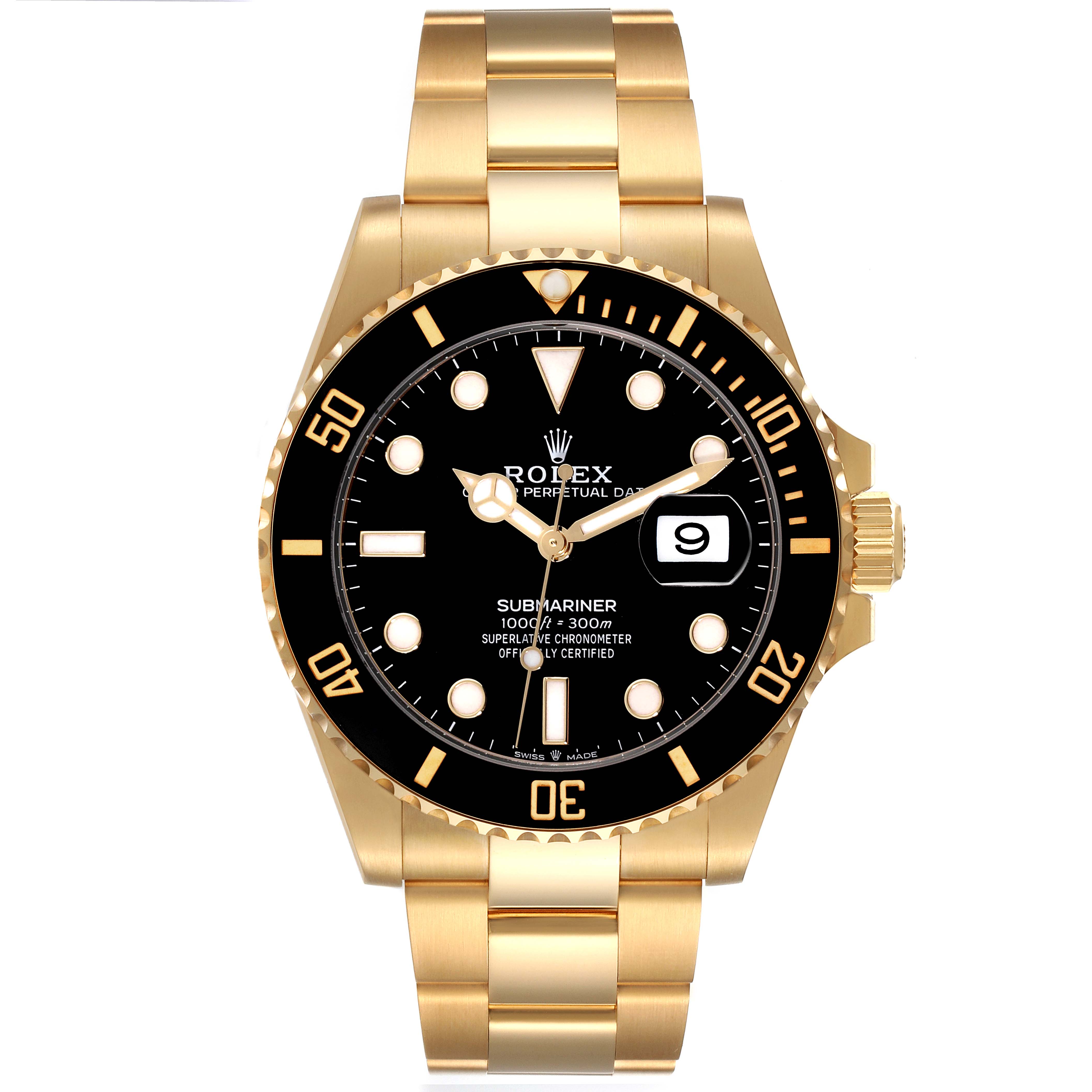 The image shows the front view of a Rolex Submariner 126618 Men's Yellow Gold Black Dial 126618 Men's Yellow Gold Black Dial watch, highlighting the dial, bezel, and bracelet.