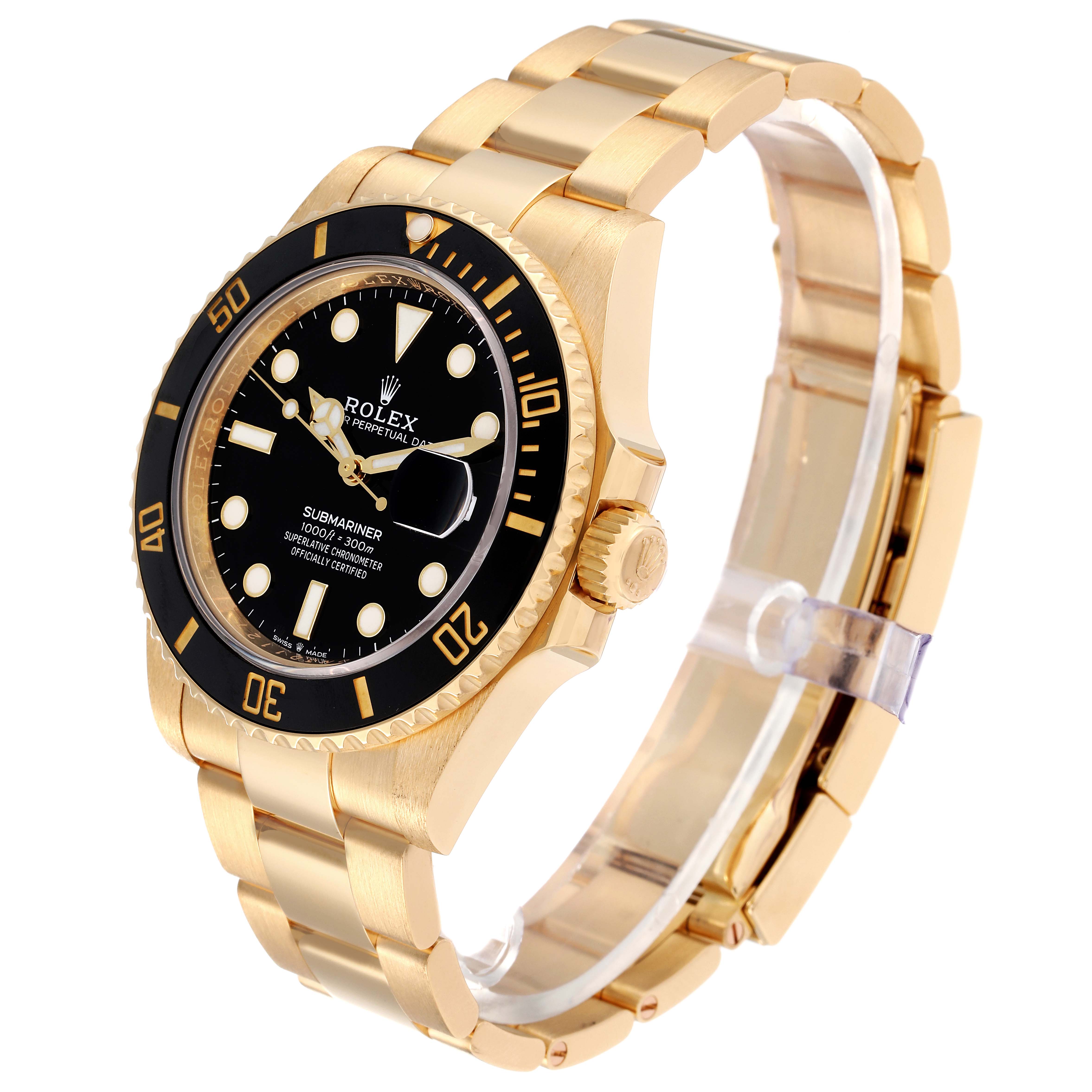 The image shows a Rolex Submariner 126618 Men's Yellow Gold Black Dial 126618 Men's Yellow Gold Black Dial watch angled to display the face, bezel, crown, and full bracelet.