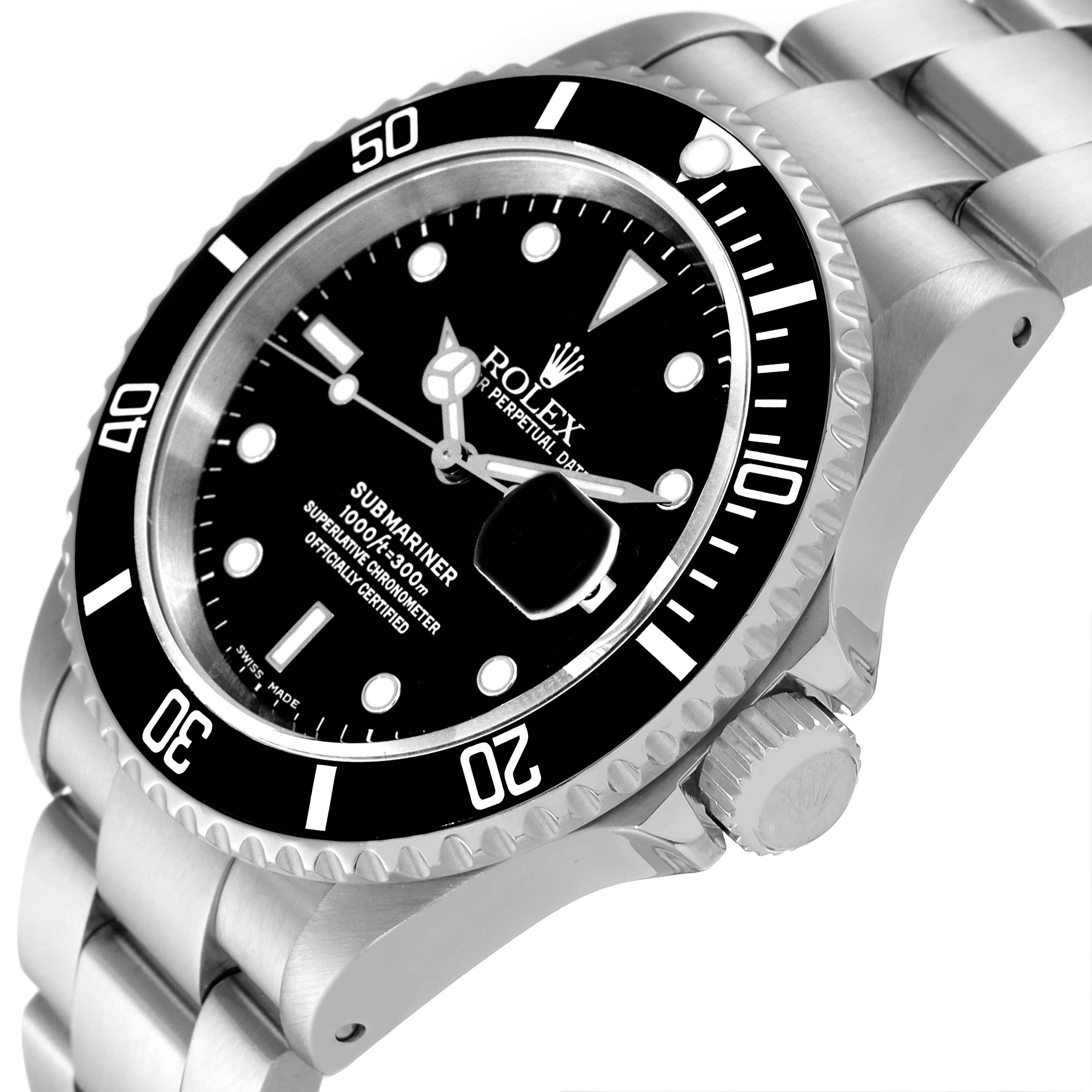 The image shows a close-up angle of the Rolex Submariner 16610 Men
s Stainless Steel Black Dial 16610 Men
s Stainless Steel Black Dial watch, highlighting its dial, bezel, crown, and part of the bracelet.