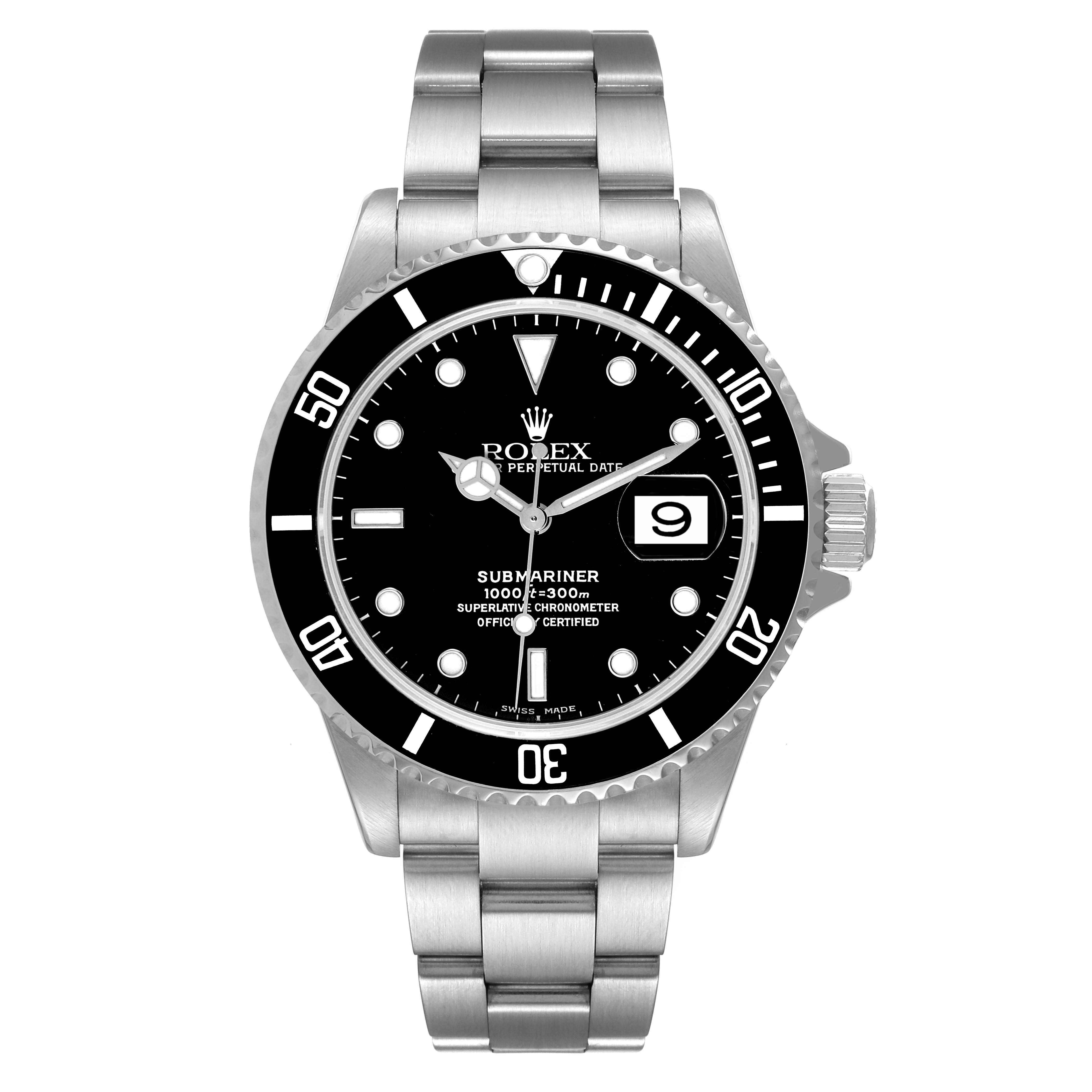 The image shows a front view of a Rolex Submariner 16610 Men
s Stainless Steel Black Dial 16610 Men
s Stainless Steel Black Dial watch displaying its dial, bezel, crown, and bracelet.