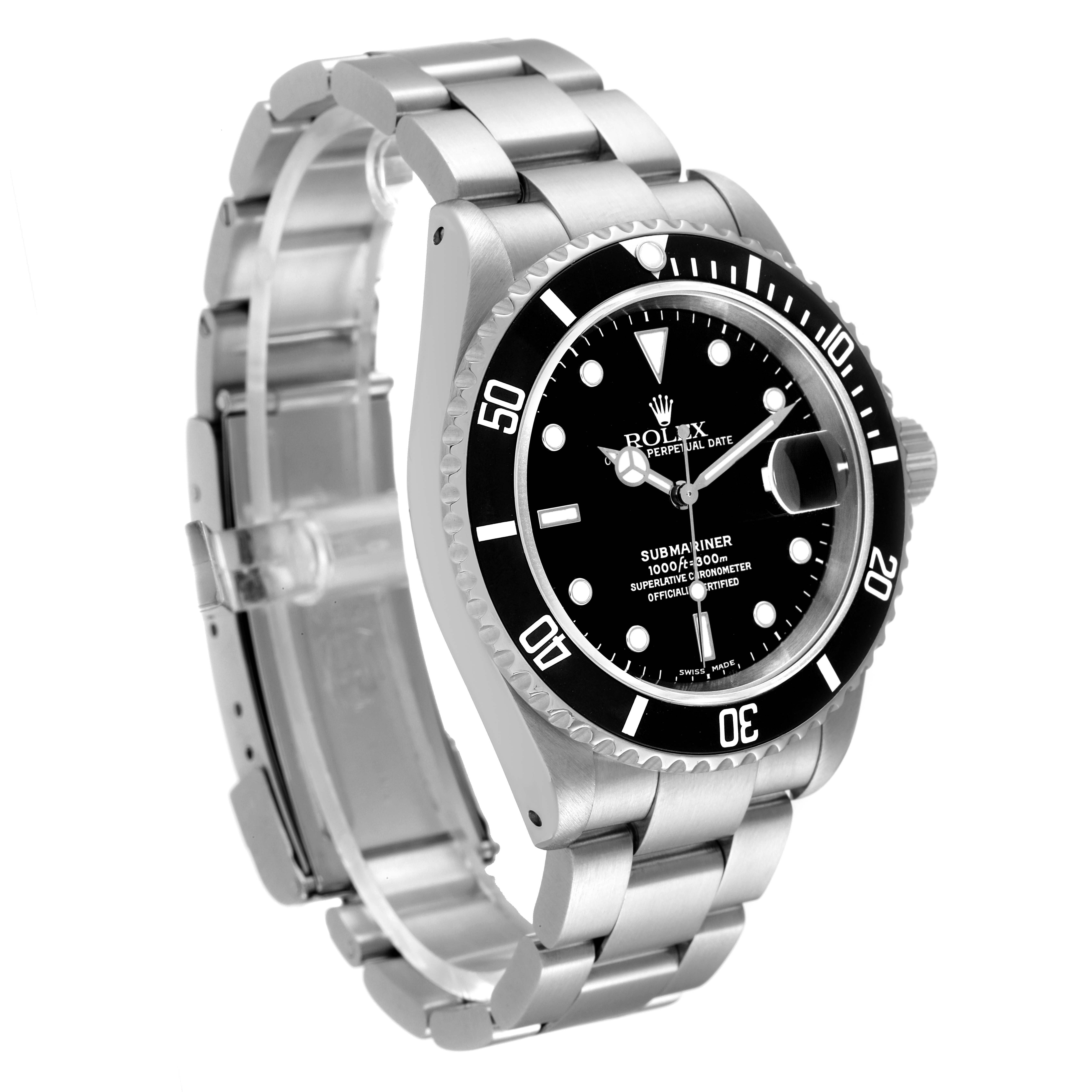 The image shows a side angle of the Rolex Submariner 16610 Men
s Stainless Steel Black Dial 16610 Men
s Stainless Steel Black Dial, highlighting the face, bezel, crown, and bracelet.