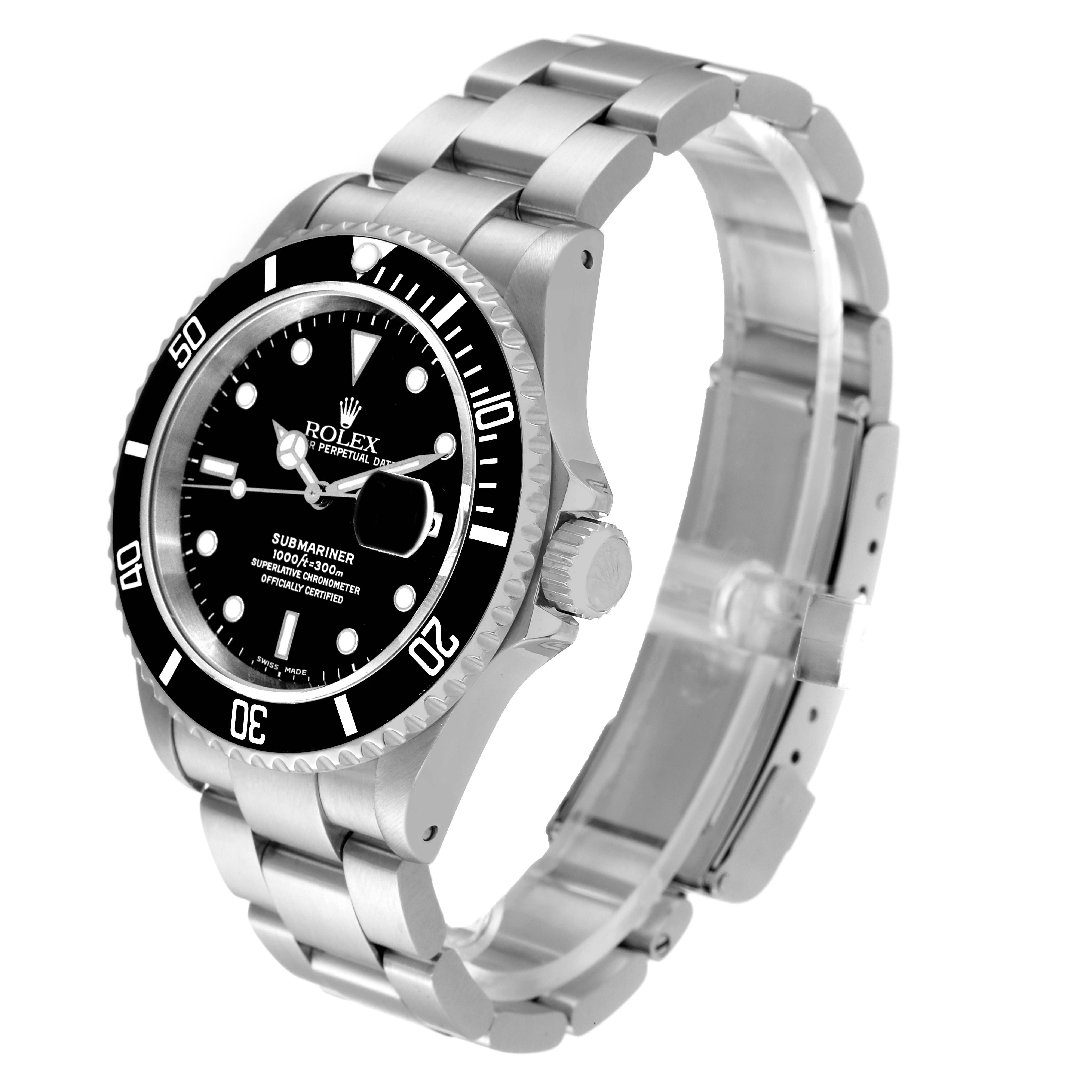The image shows a Rolex Submariner 16610 Men
s Stainless Steel Black Dial 16610 Men
s Stainless Steel Black Dial watch viewed from an angled side perspective, displaying the face, bezel, crown, and bracelet.