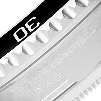 This image shows a close-up of the bezel and part of the stainless steel case of a Rolex Submariner 16610 Men
s Stainless Steel Black Dial 16610 Men
s Stainless Steel Black Dial watch.