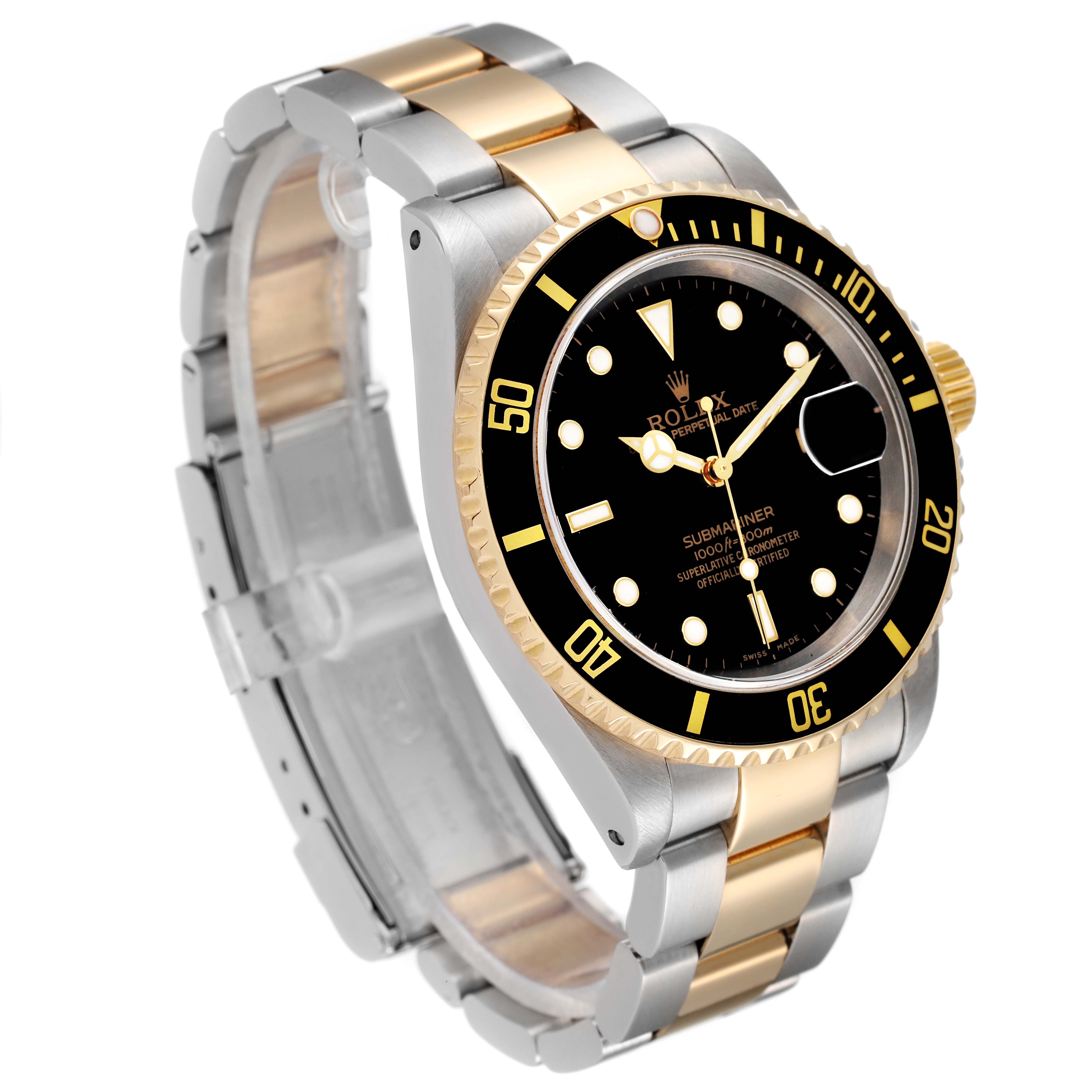 The image shows a three-quarter view of the Rolex Submariner 16613 Men's Steel and Gold (two tone) Black Dial 16613 Men's Steel and Gold (two tone) Black Dial, highlighting the black dial, bezel, and two-tone bracelet.