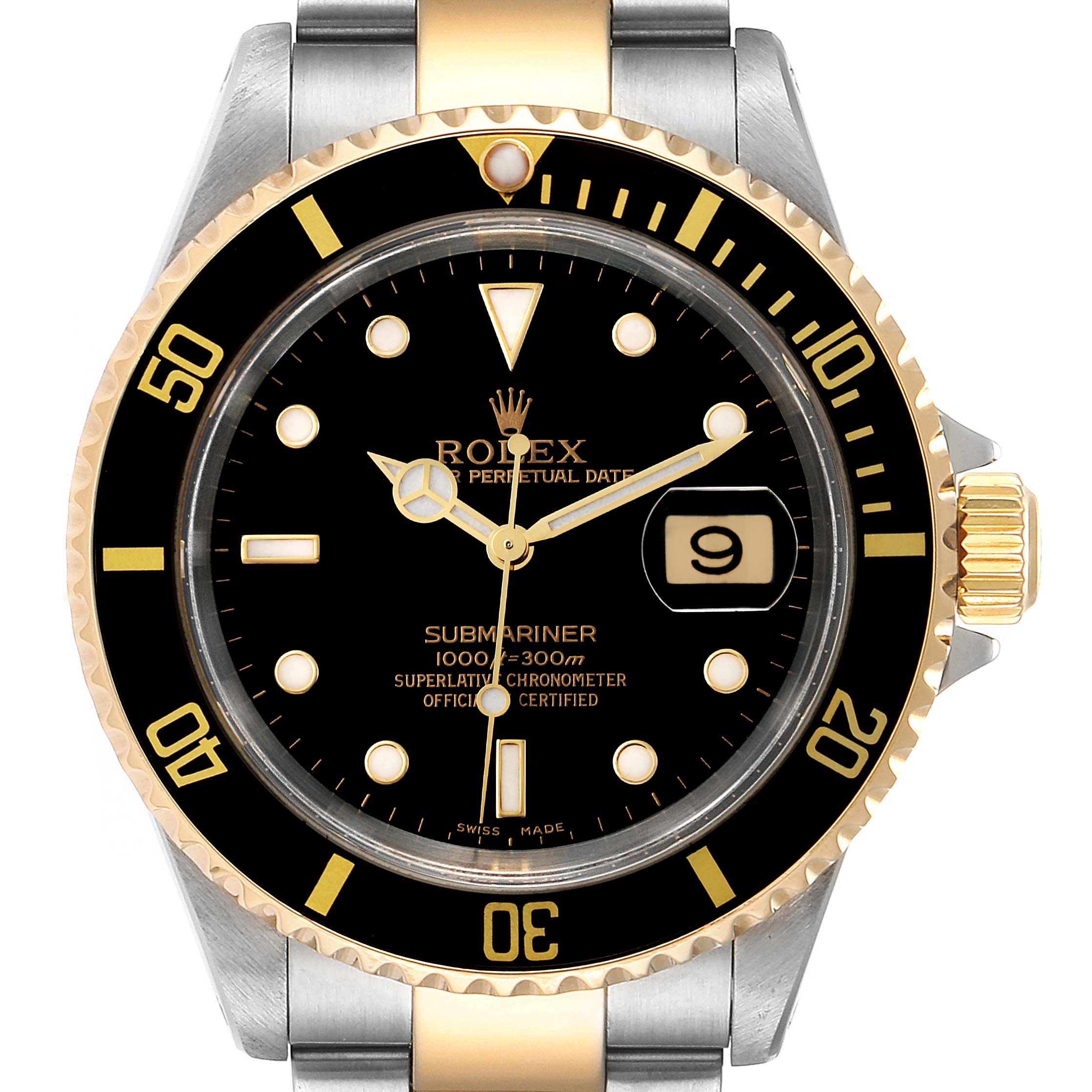 The image shows a front view of the Rolex Submariner 16613 Men's Steel and Gold (two tone) Black Dial 16613 Men's Steel and Gold (two tone) Black Dial watch, displaying its bezel, dial, hands, and bracelet.
