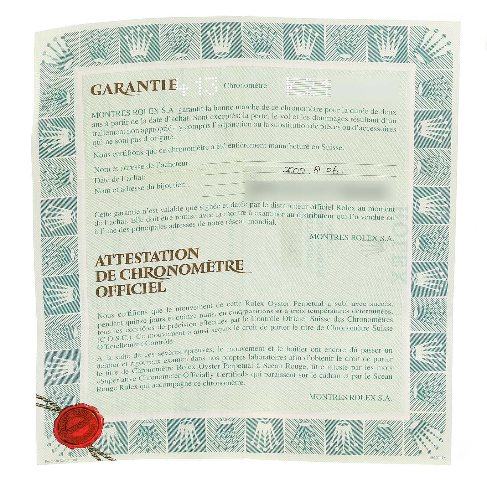 This image shows the warranty certificate for the Rolex Submariner 16613 Men's Steel and Gold (two tone) Black Dial 16613 Men's Steel and Gold (two tone) Black Dial watch, featuring the official chronometer certification.