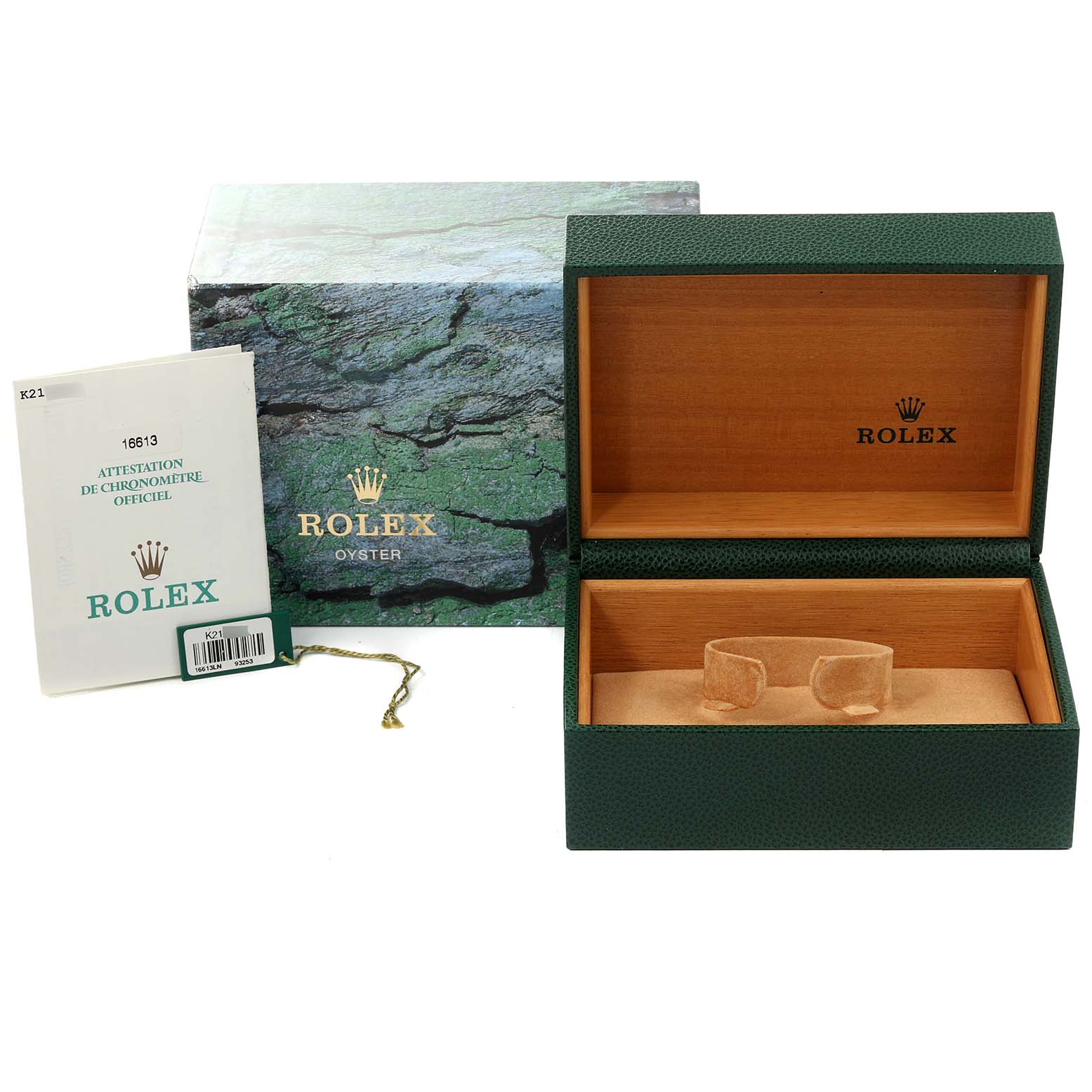 The image shows the packaging, manual, tag, and open display box for a Rolex Submariner 16613 Men's Steel and Gold (two tone) Black Dial 16613 Men's Steel and Gold (two tone) Black Dial watch.