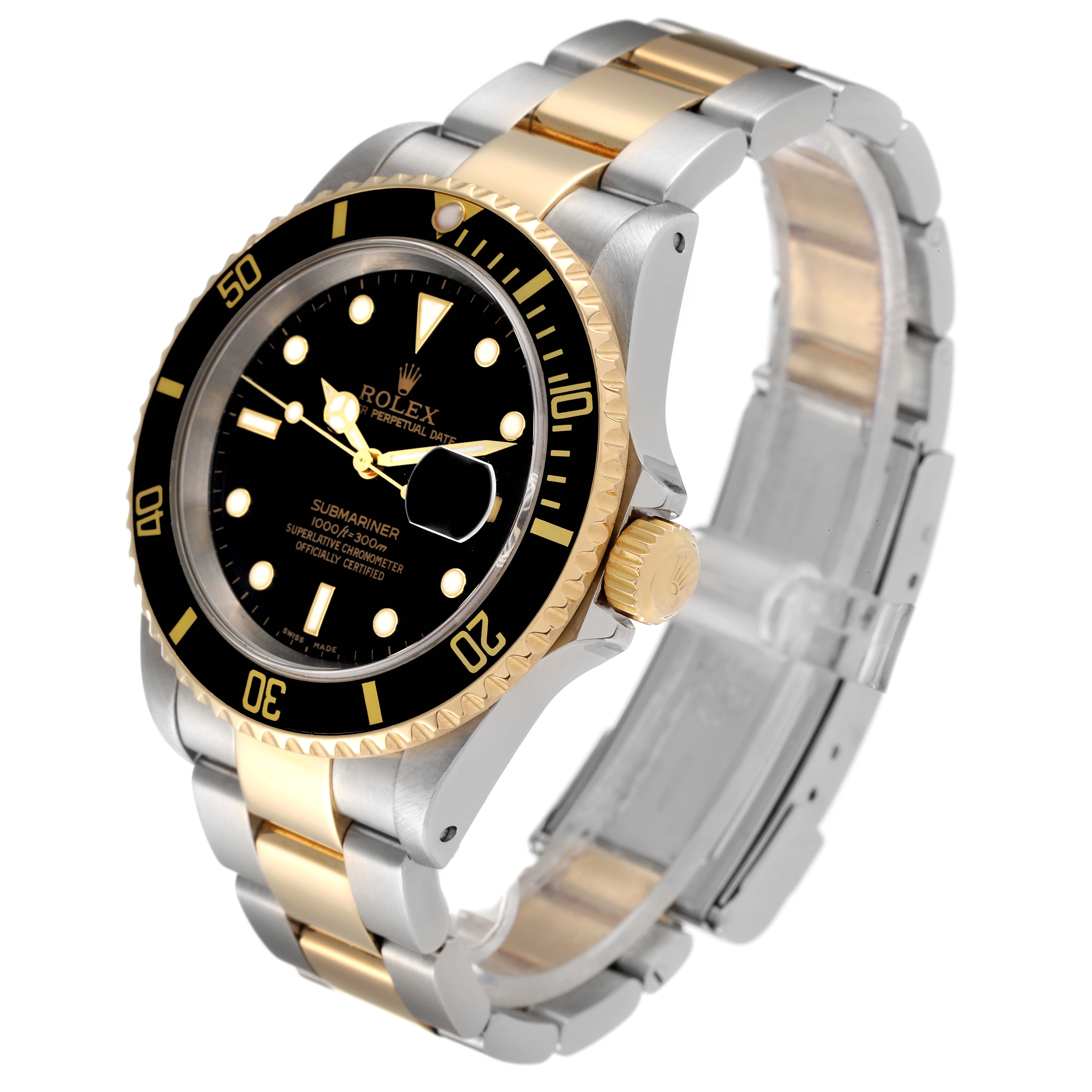 The image shows a Rolex Submariner 16613 Men's Steel and Gold (two tone) Black Dial 16613 Men's Steel and Gold (two tone) Black Dial watch at a 3/4 angle, displaying the face, bezel, crown, and bracelet.